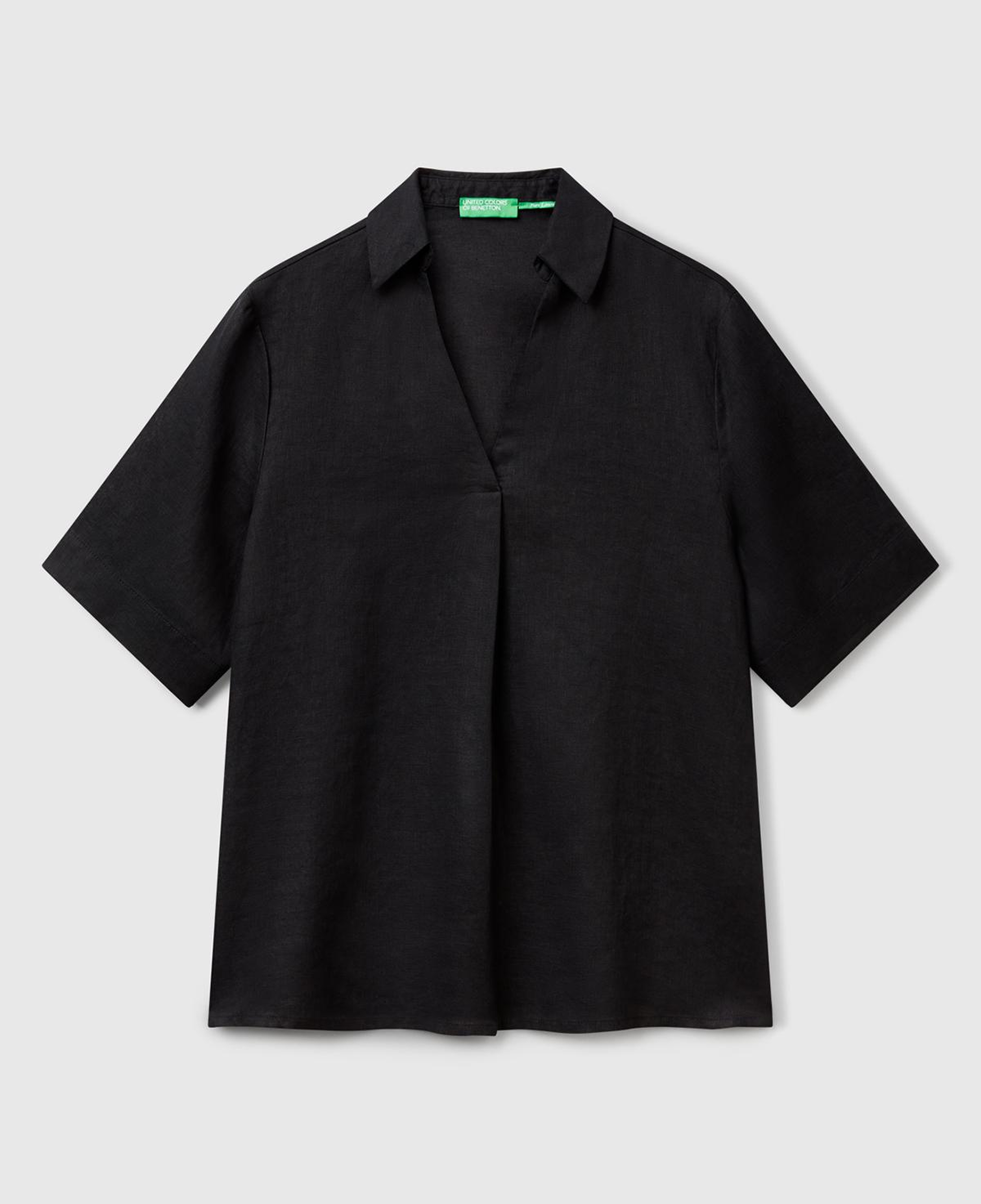 Kadın Siyah %100 Keten Relax Fit V Gömlek Yakalı Kısa Kollu Bluz