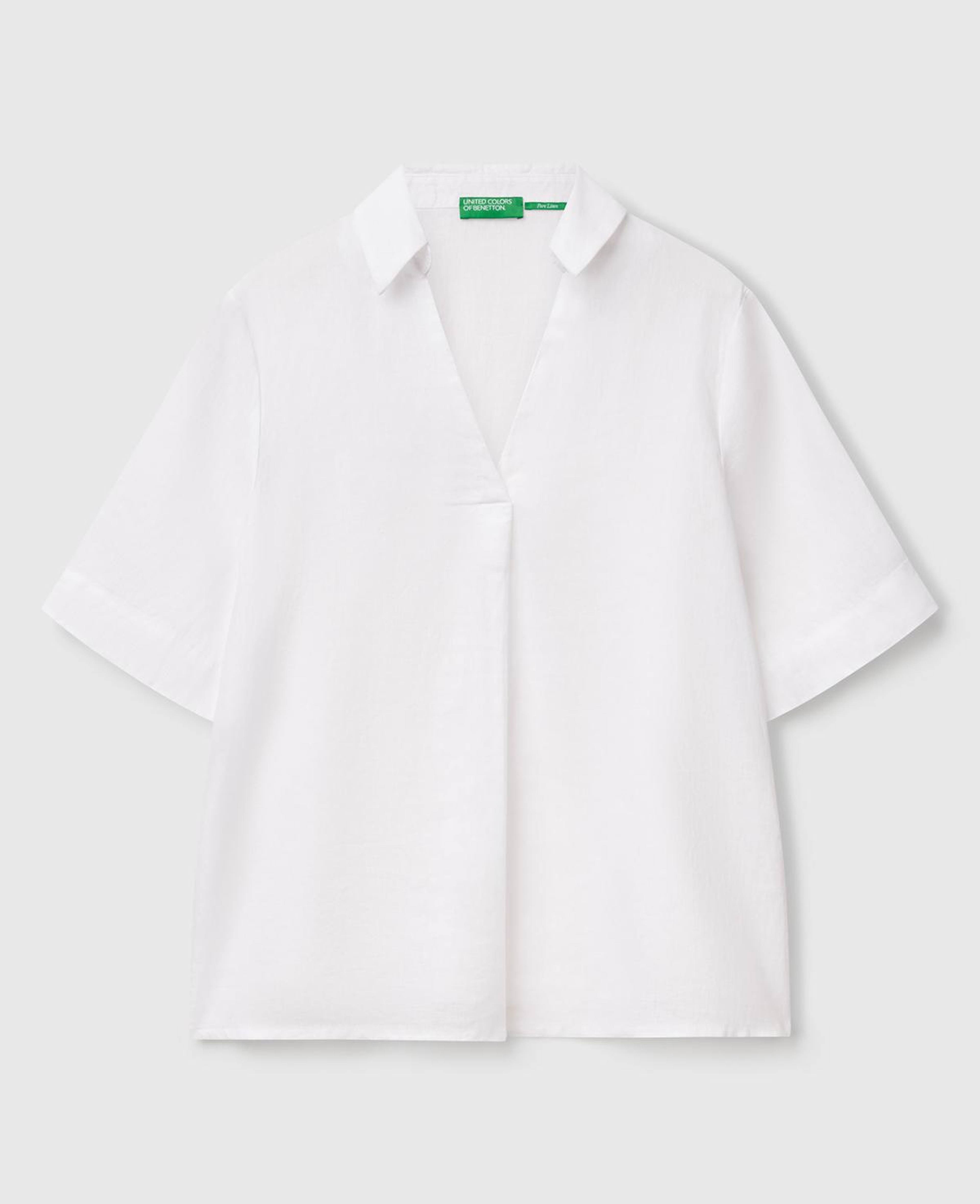 Kadın Beyaz %100 Keten Relax Fit V Gömlek Yakalı Kısa Kollu Bluz