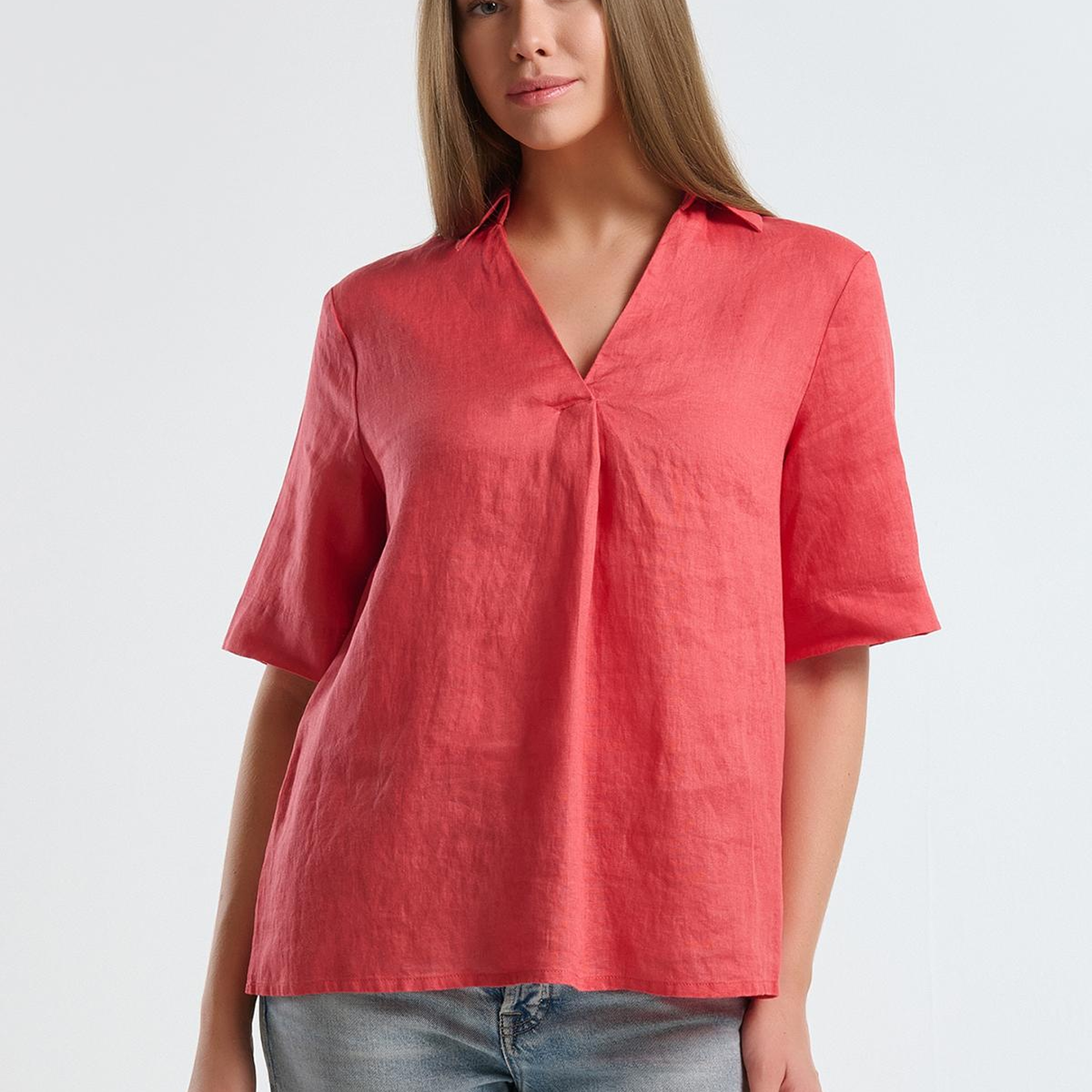 Kadın Mercan %100 Keten Relax Fit V Gömlek Yakalı Kısa Kollu Bluz