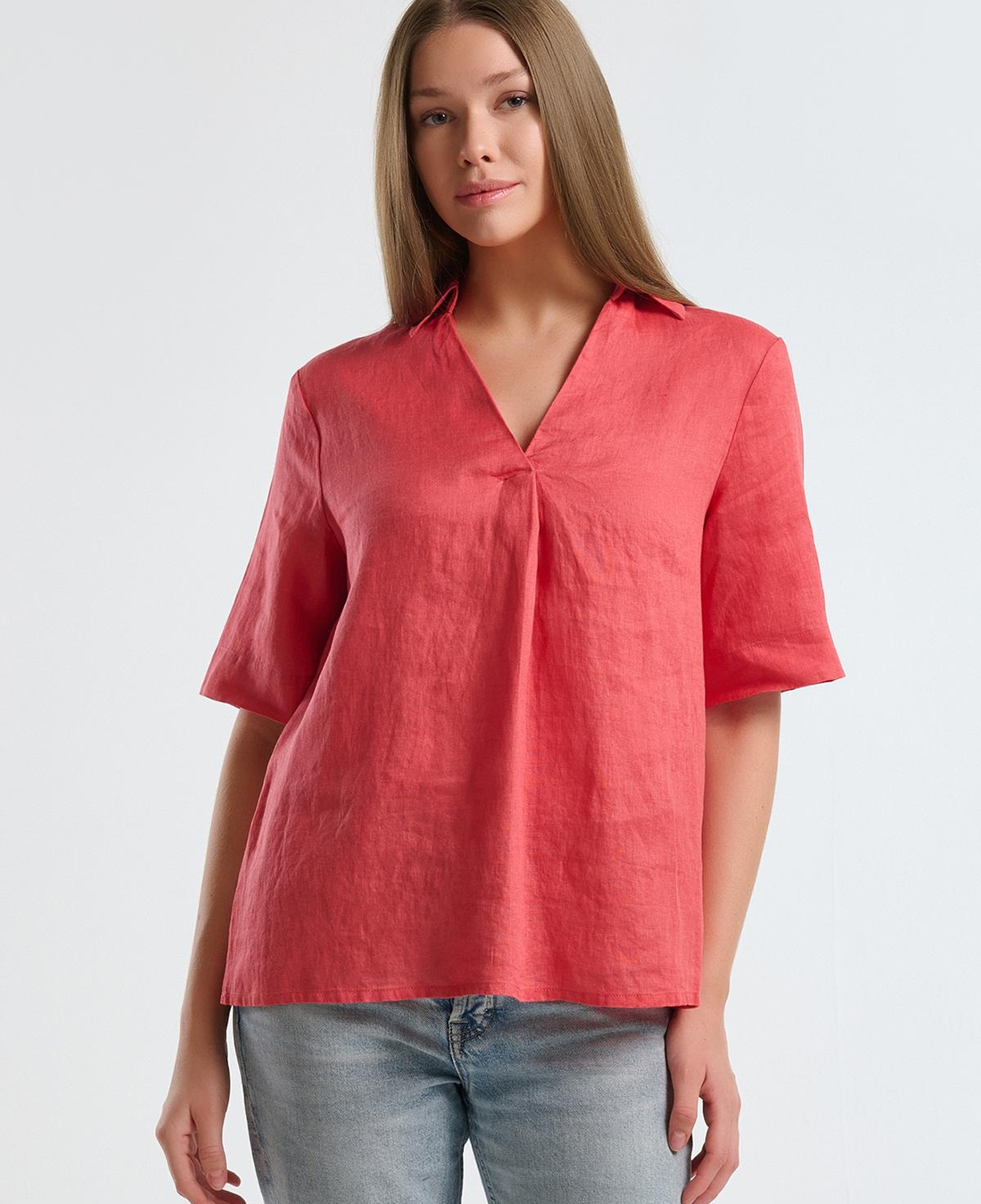 Kadın Mercan %100 Keten Relax Fit V Gömlek Yakalı Kısa Kollu Bluz