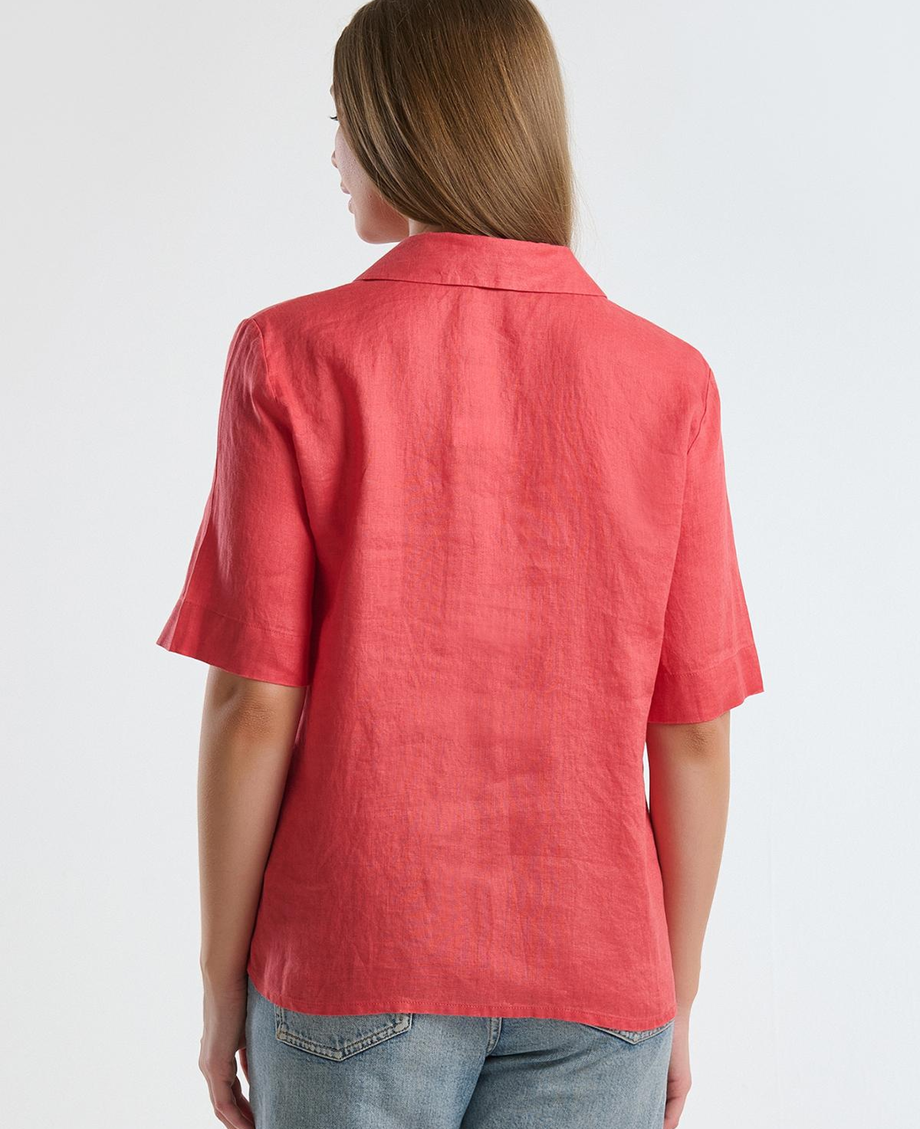Kadın Mercan %100 Keten Relax Fit V Gömlek Yakalı Kısa Kollu Bluz