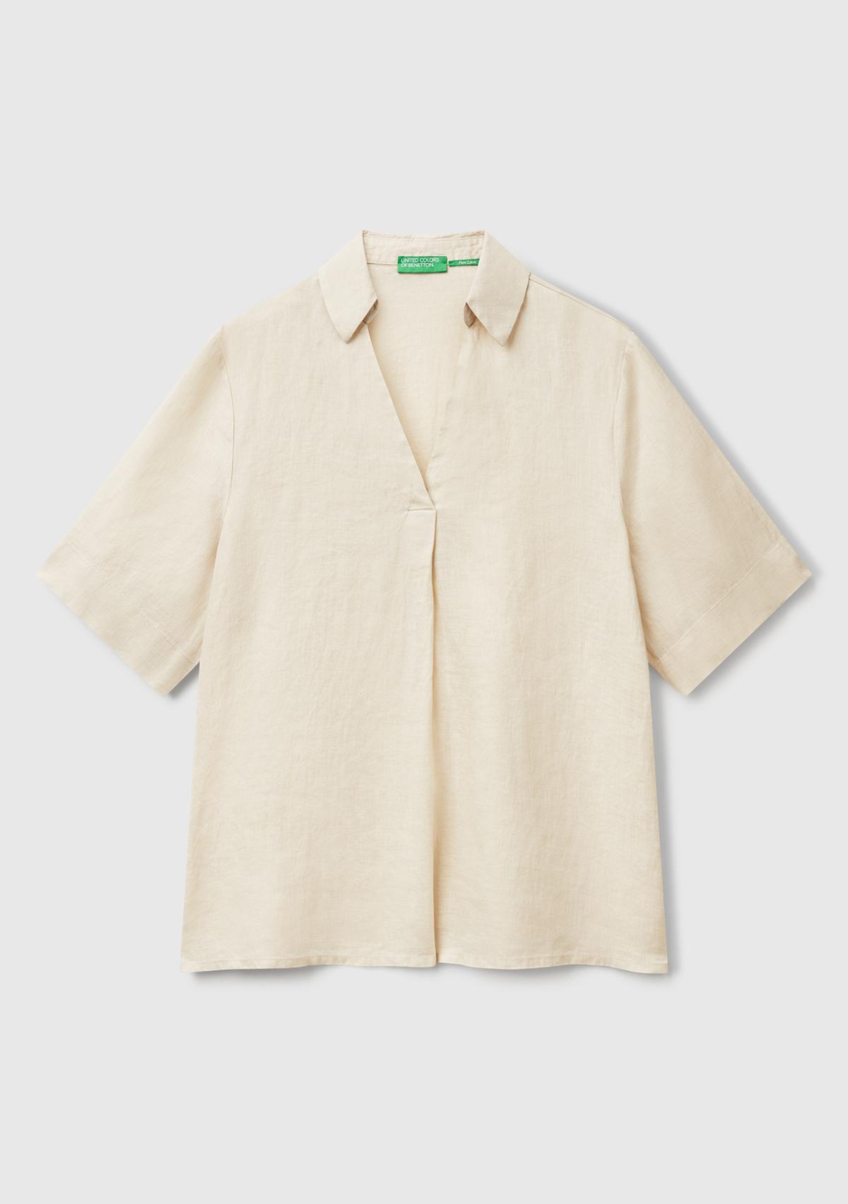 Kadın Taş Rengi %100 Keten Relax Fit V Gömlek Yakalı Kısa Kollu Bluz