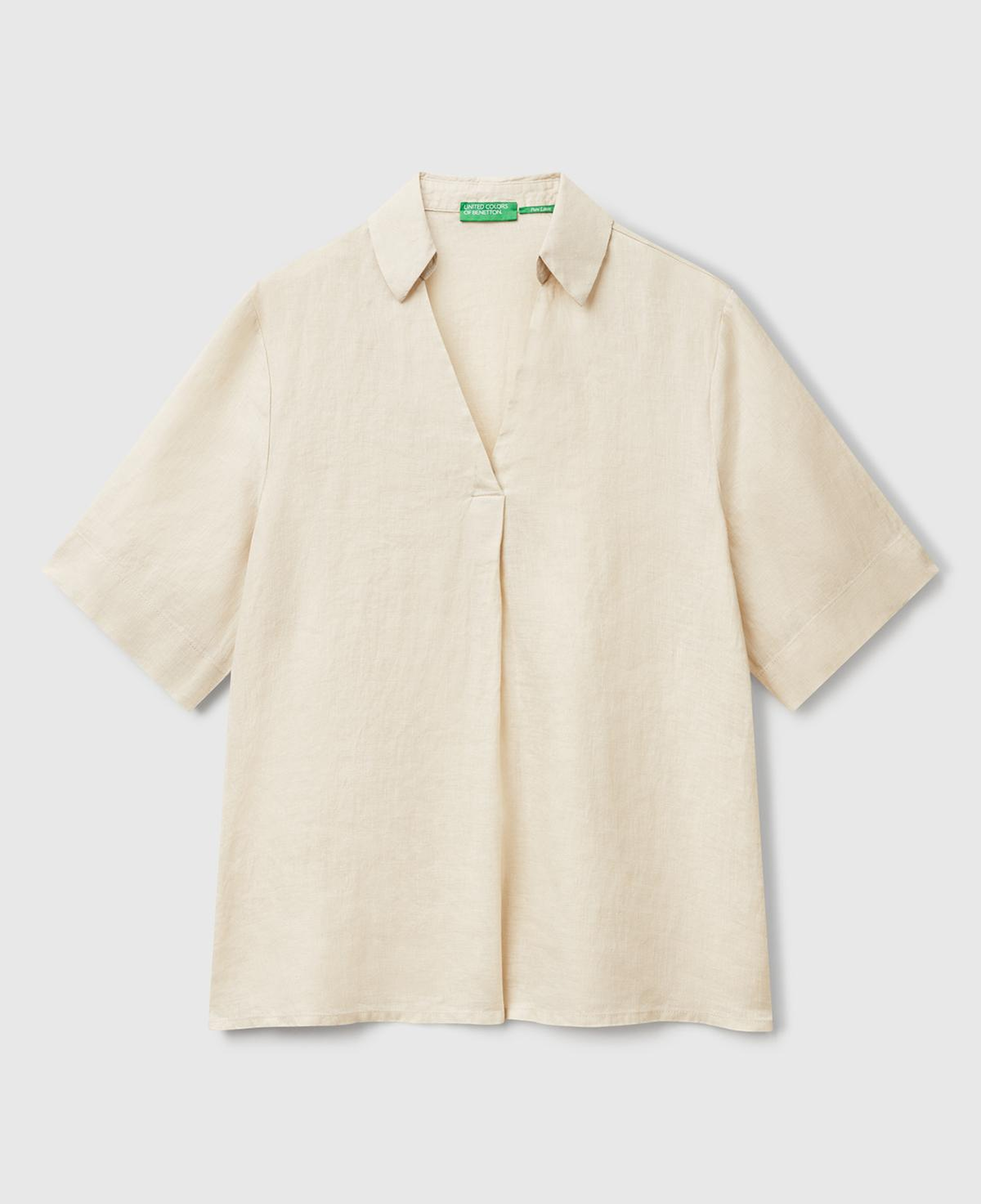 Kadın Taş Rengi %100 Keten Relax Fit V Gömlek Yakalı Kısa Kollu Bluz