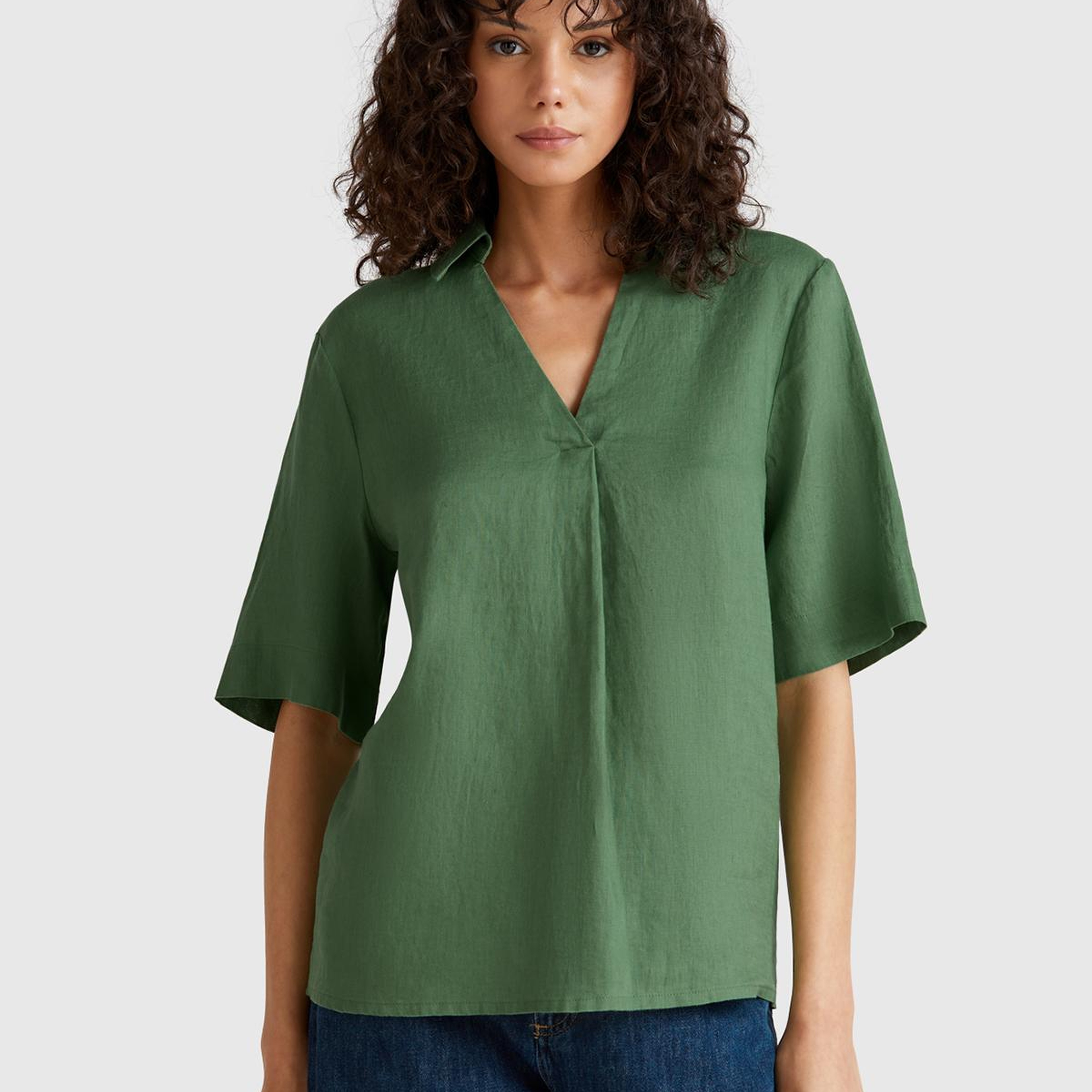 Kadın Açık Yeşil %100 Keten Relax Fit V Gömlek Yakalı Kısa Kollu Bluz