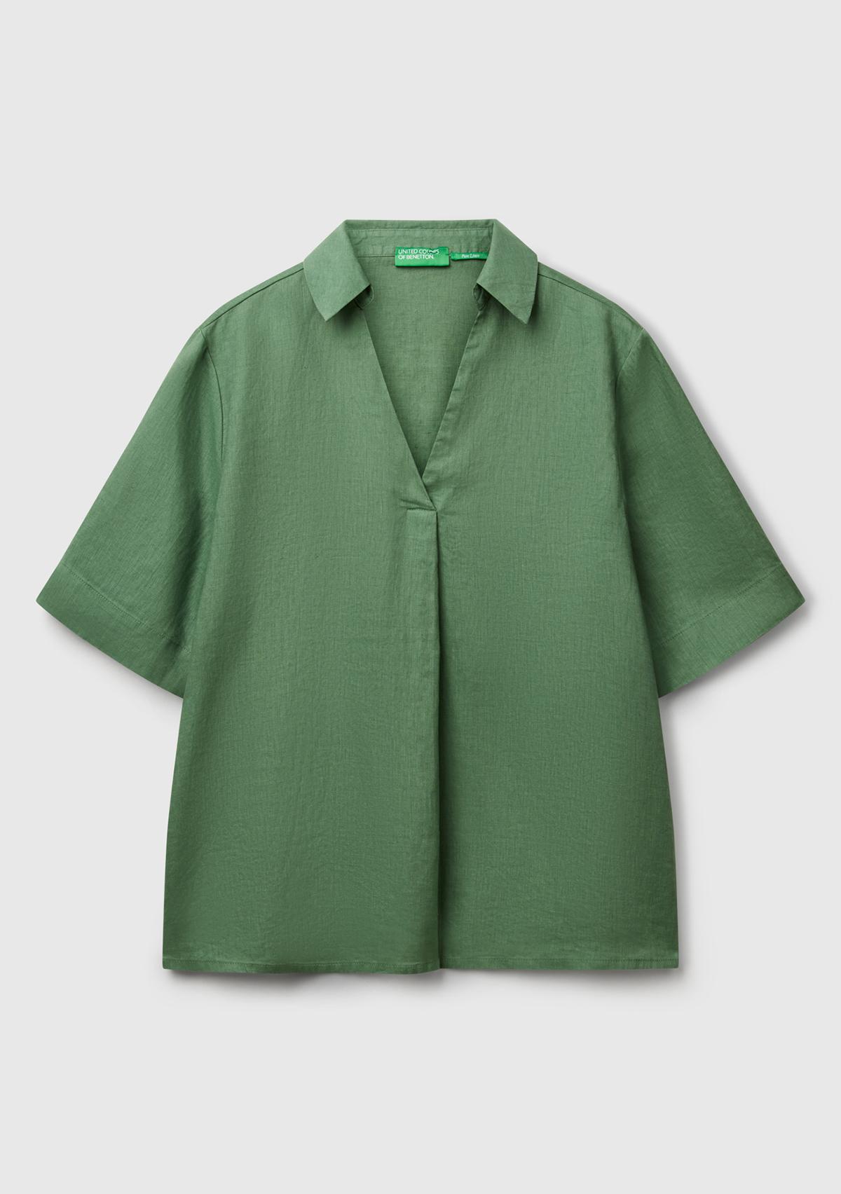 Kadın Açık Yeşil %100 Keten Relax Fit V Gömlek Yakalı Kısa Kollu Bluz