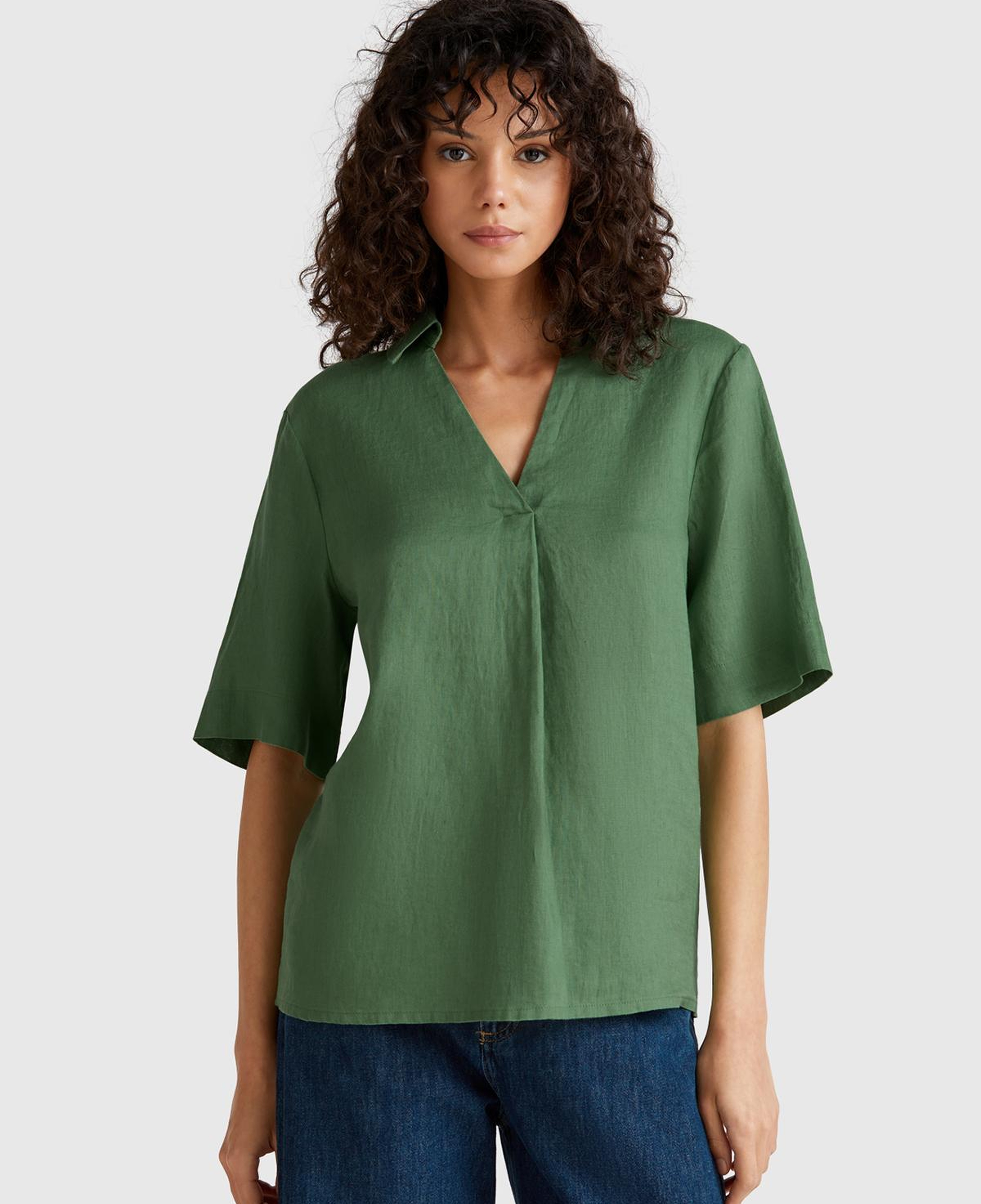 Kadın Açık Yeşil %100 Keten Relax Fit V Gömlek Yakalı Kısa Kollu Bluz
