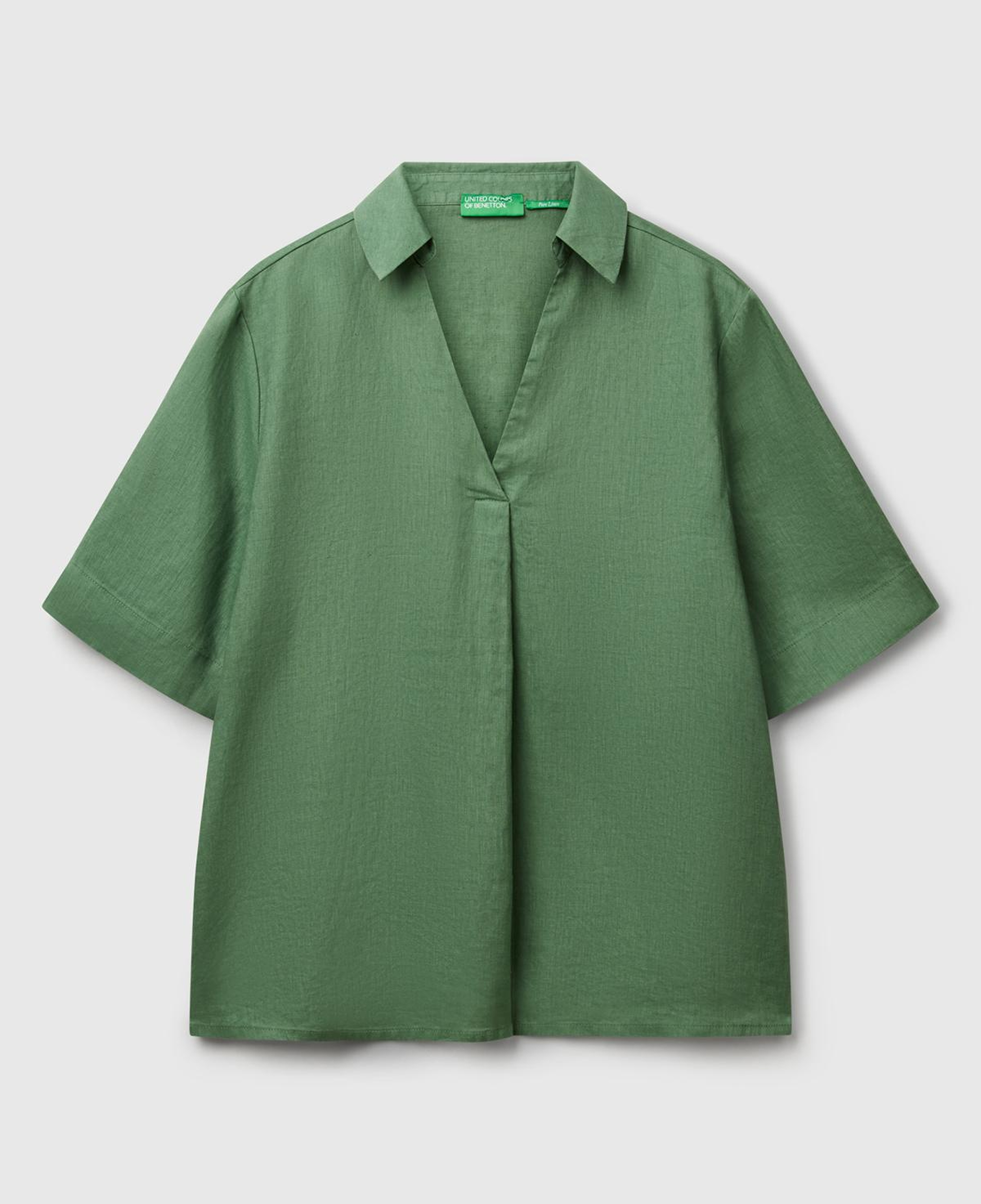 Kadın Açık Yeşil %100 Keten Relax Fit V Gömlek Yakalı Kısa Kollu Bluz