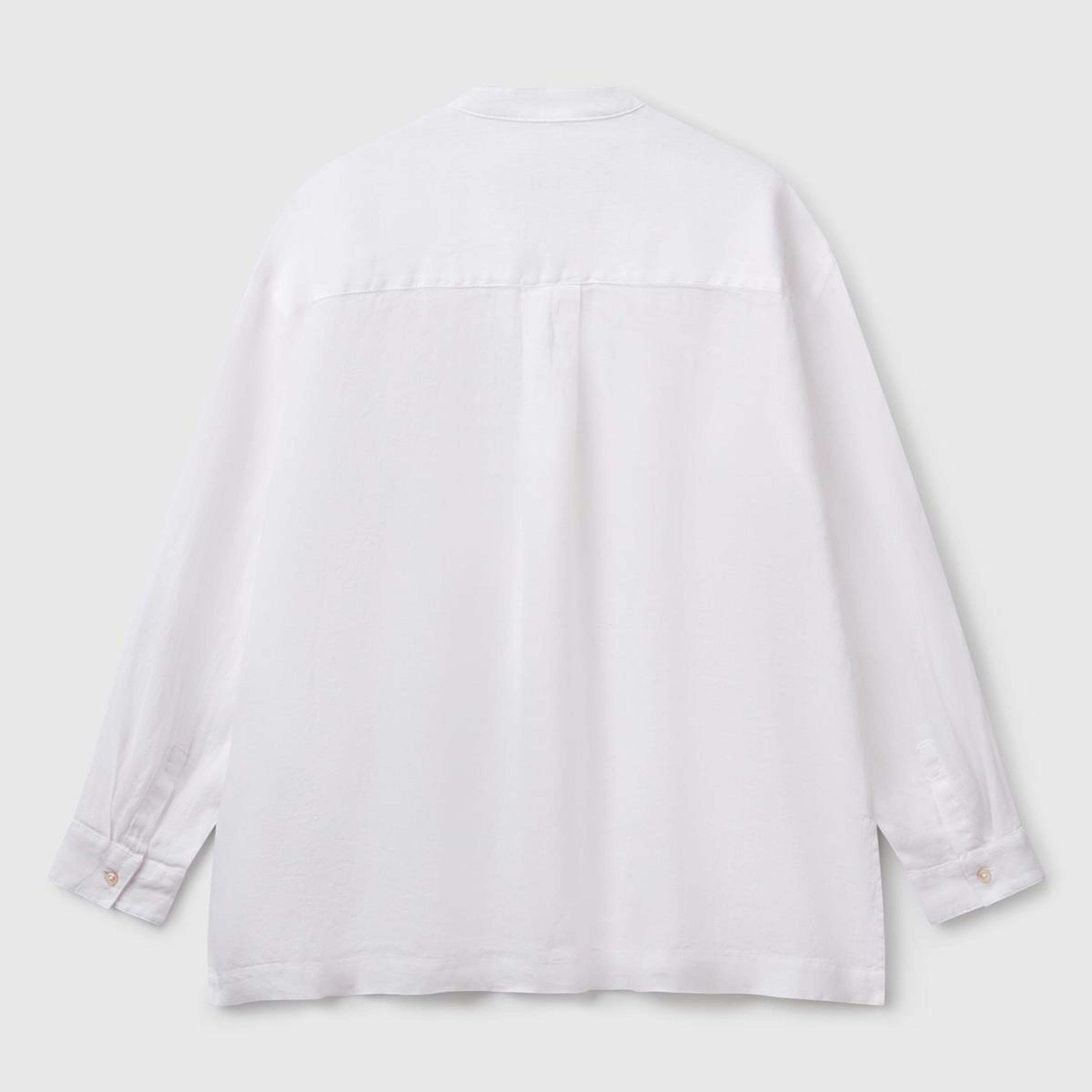 Kadın Beyaz %100 Keten Sol Önü Cepli Oversize Mandarin Yaka Gömlek