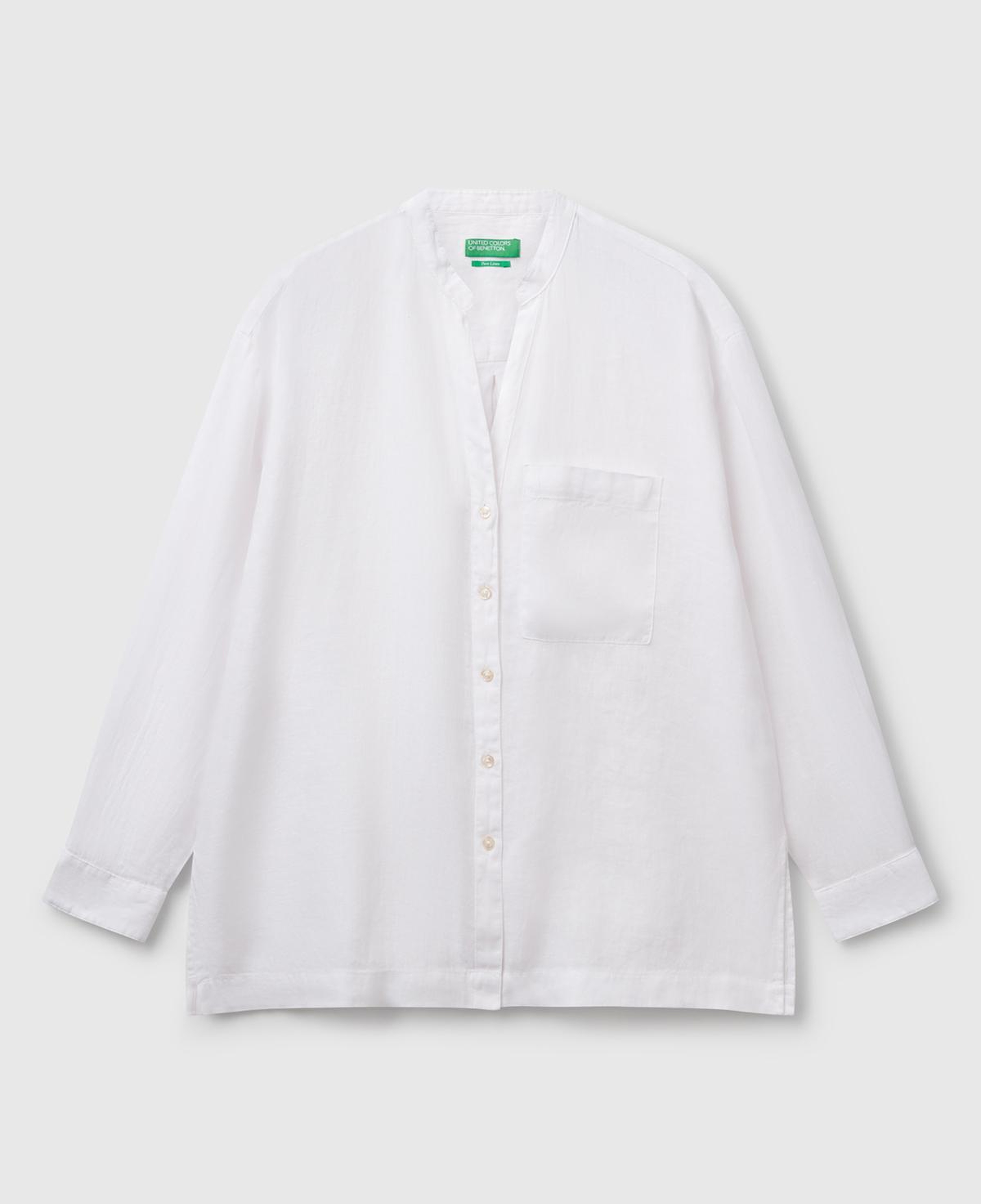 Kadın Beyaz %100 Keten Sol Önü Cepli Oversize Mandarin Yaka Gömlek