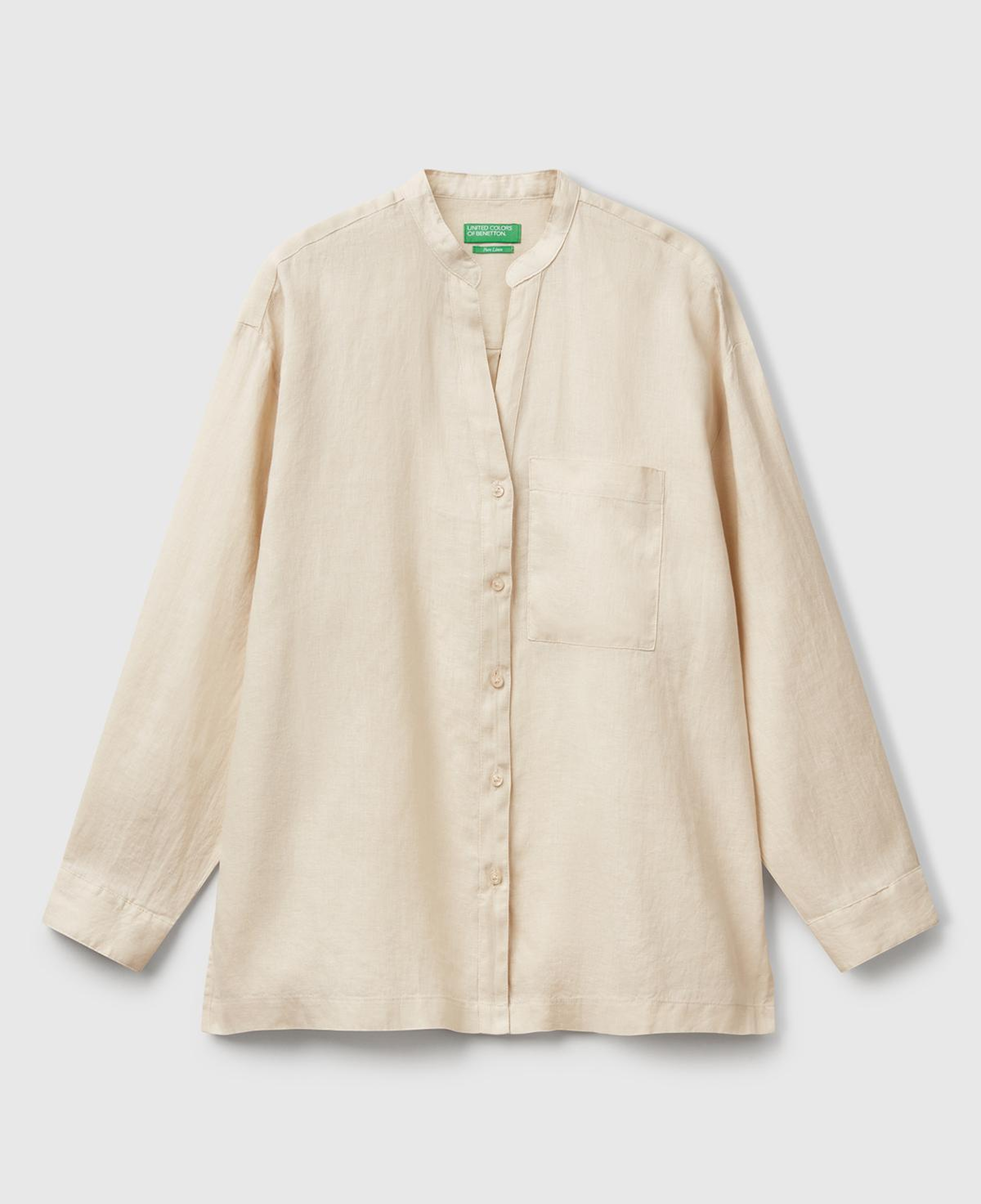 Kadın Taş Rengi %100 Keten Sol Önü Cepli Oversize Mandarin Yaka Gömlek