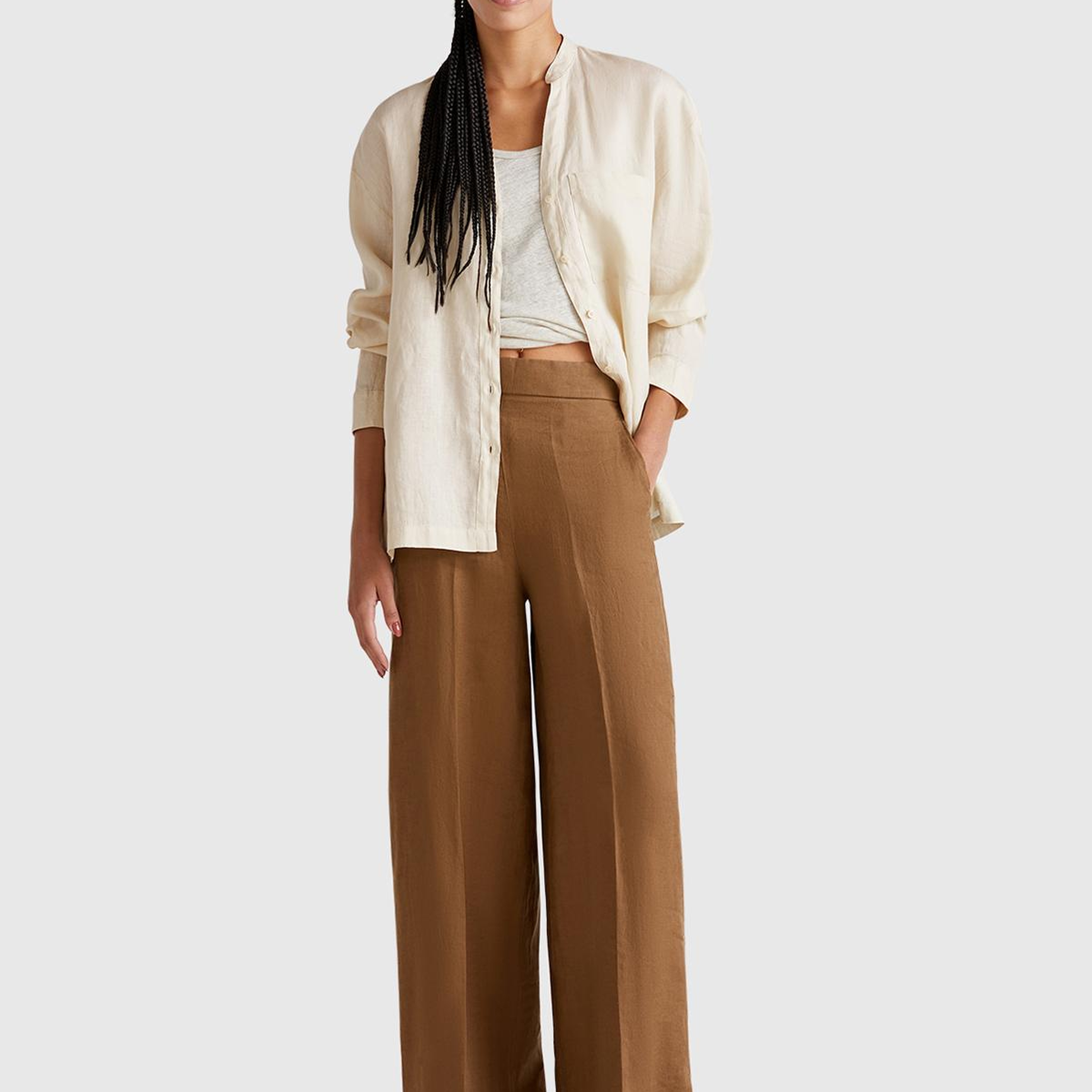 Kadın Taş Rengi %100 Keten Sol Önü Cepli Oversize Mandarin Yaka Gömlek