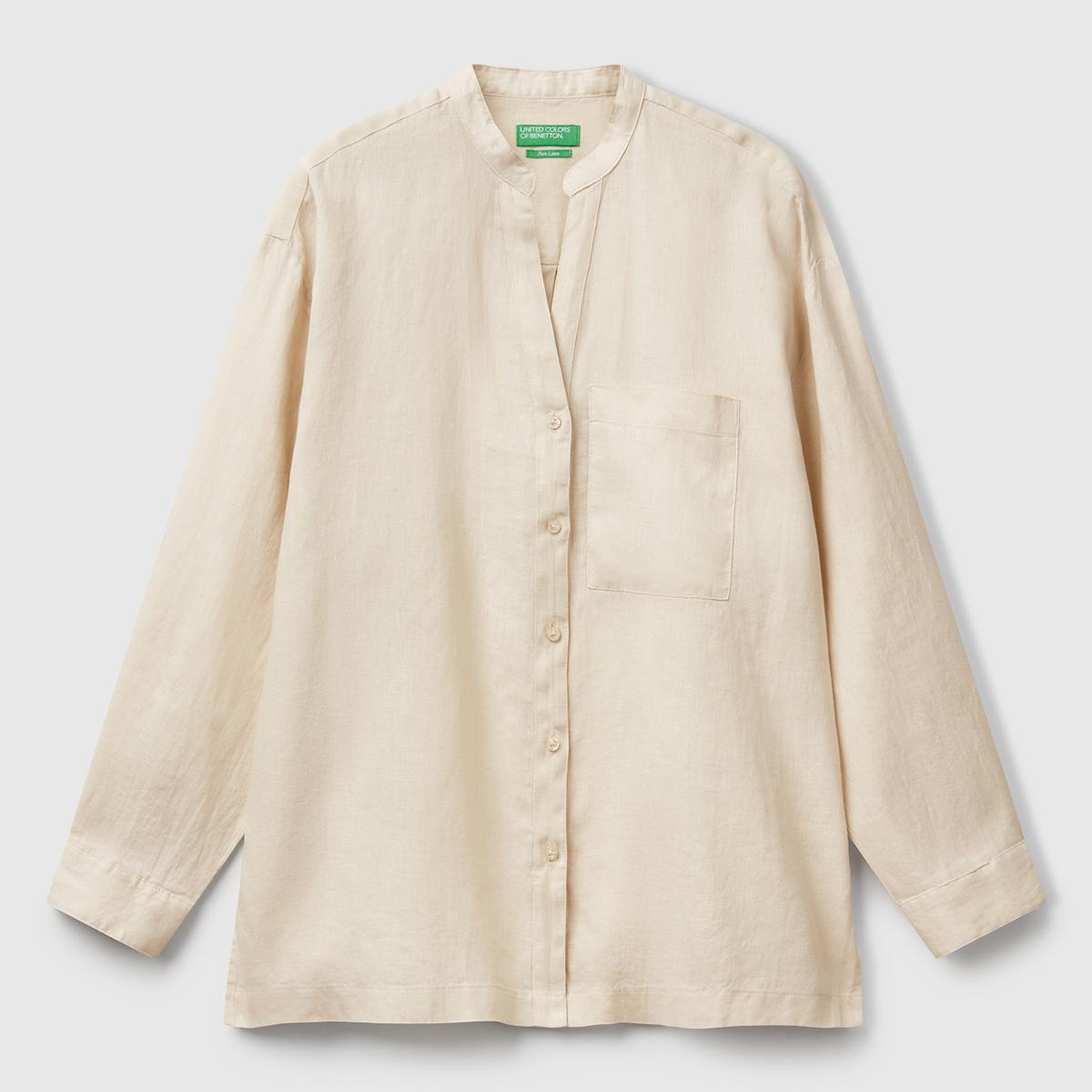 Kadın Taş Rengi %100 Keten Sol Önü Cepli Oversize Mandarin Yaka Gömlek