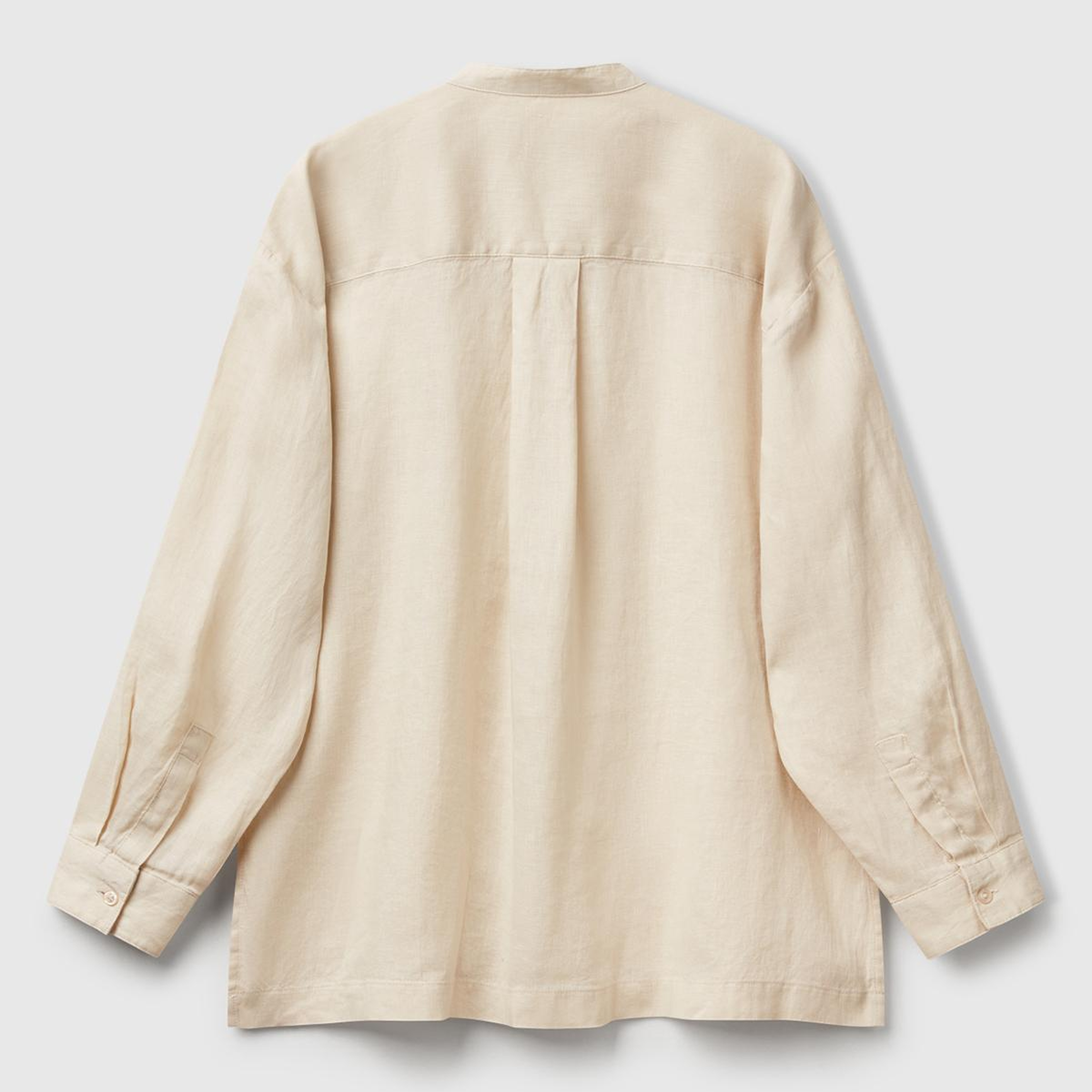 Kadın Taş Rengi %100 Keten Sol Önü Cepli Oversize Mandarin Yaka Gömlek