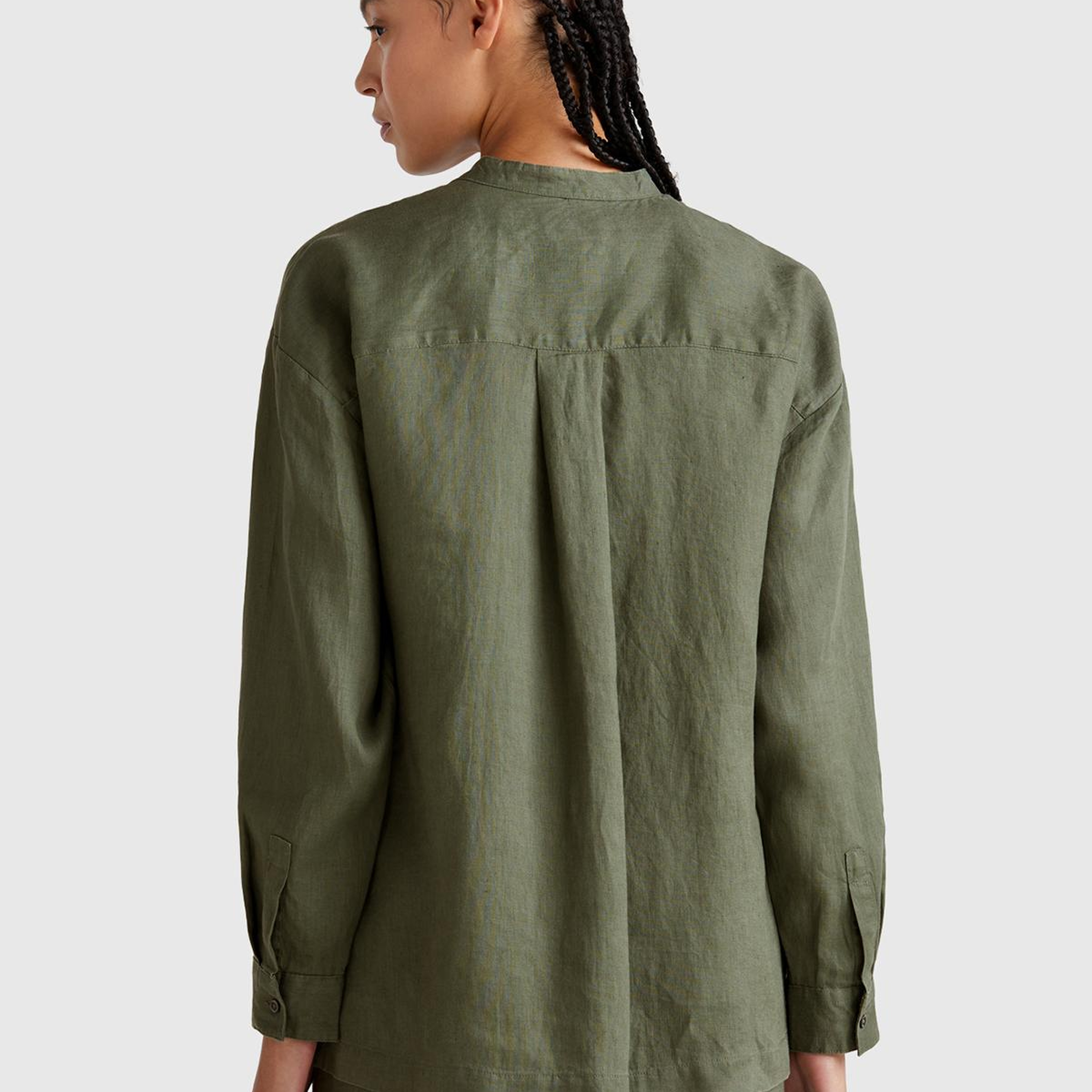 Kadın Haki %100 Keten Sol Önü Cepli Oversize Mandarin Yaka Gömlek