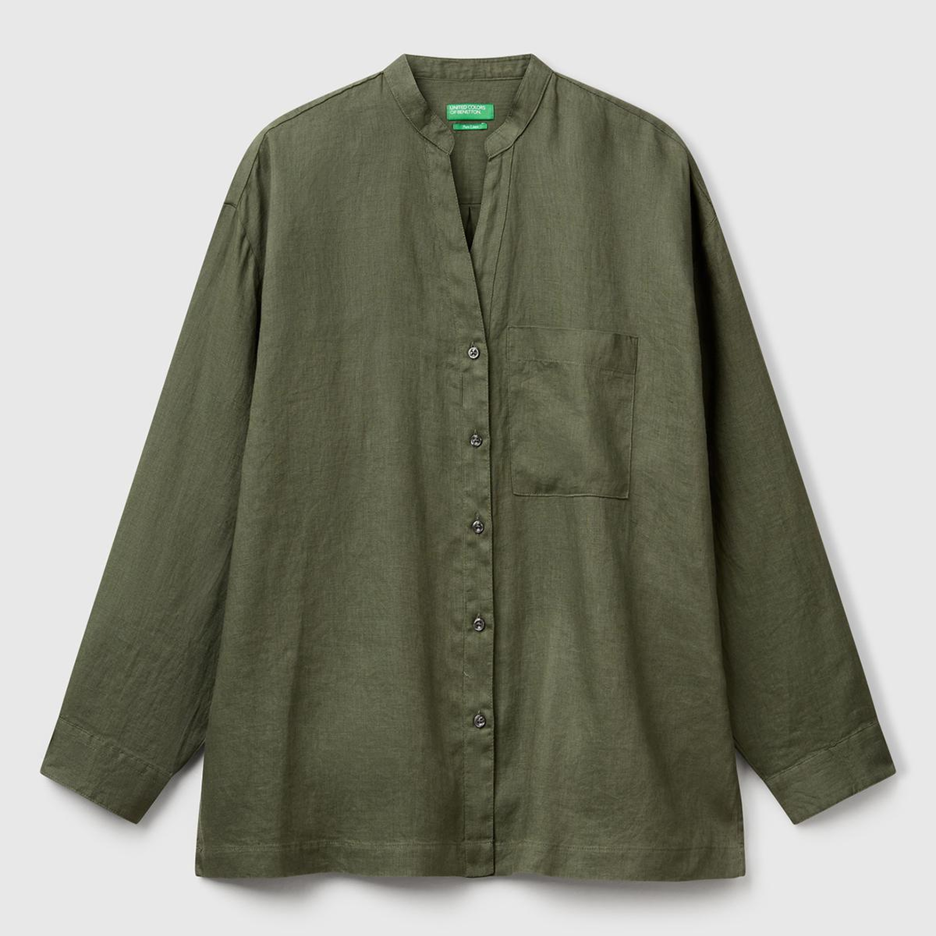 Kadın Haki %100 Keten Sol Önü Cepli Oversize Mandarin Yaka Gömlek