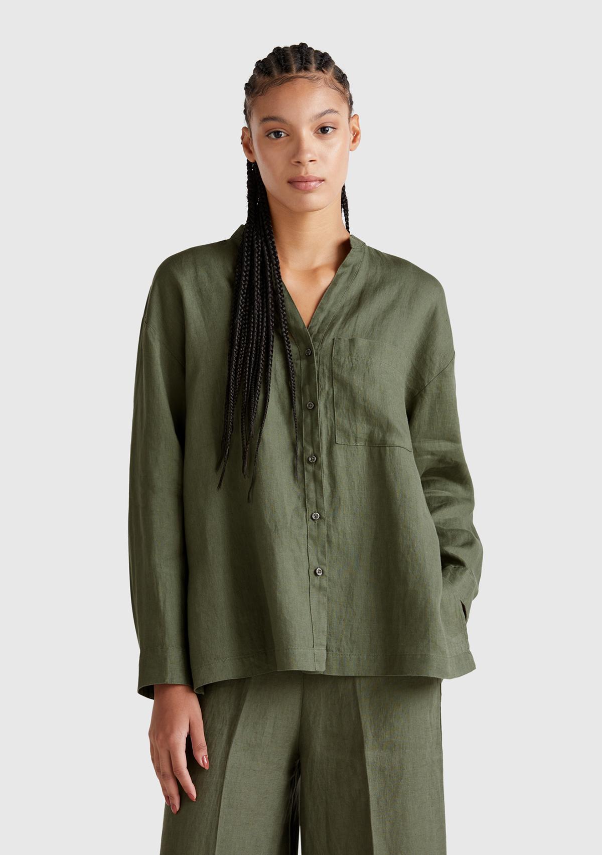 Kadın Haki %100 Keten Sol Önü Cepli Oversize Mandarin Yaka Gömlek