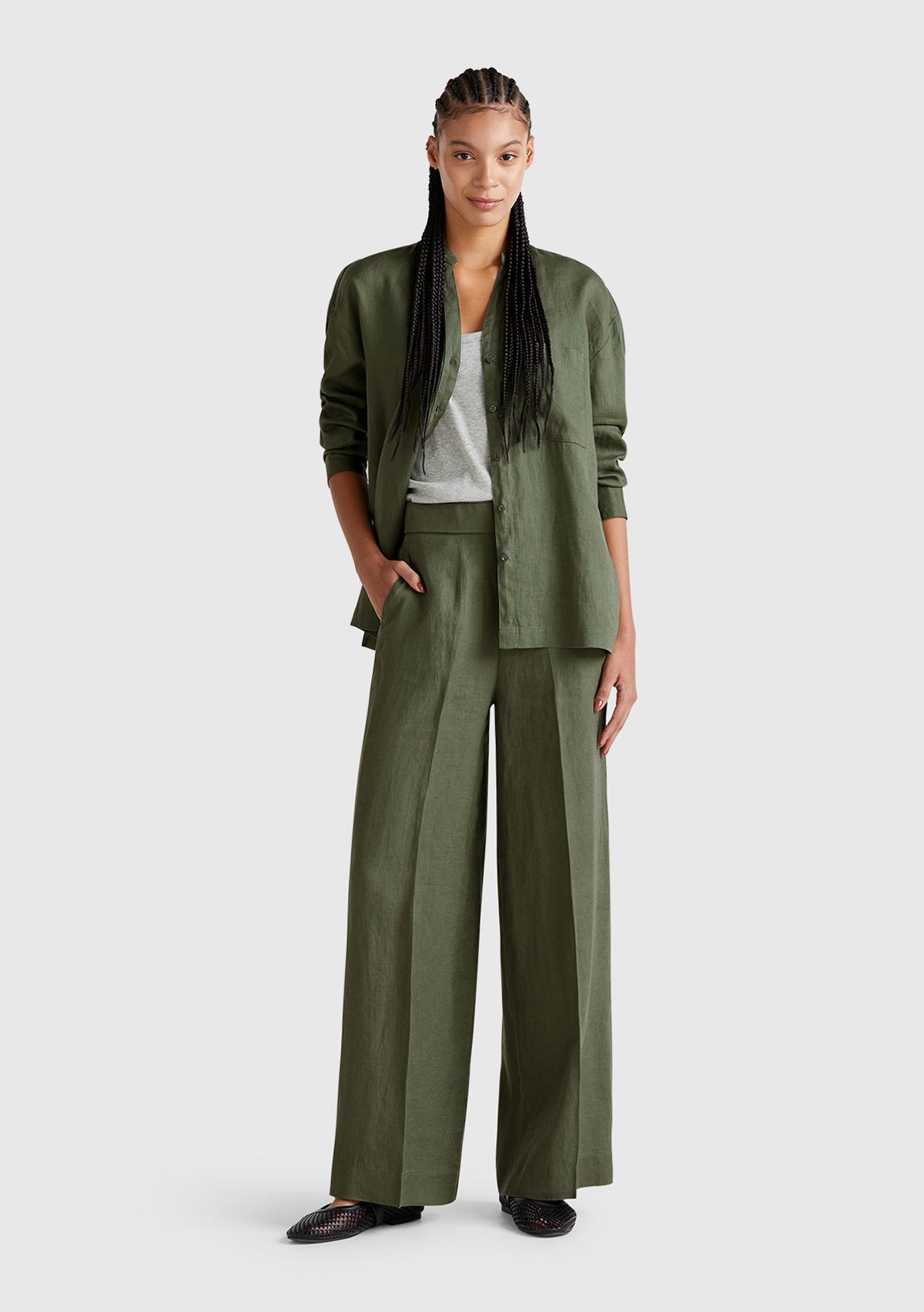 Kadın Haki %100 Keten Sol Önü Cepli Oversize Mandarin Yaka Gömlek