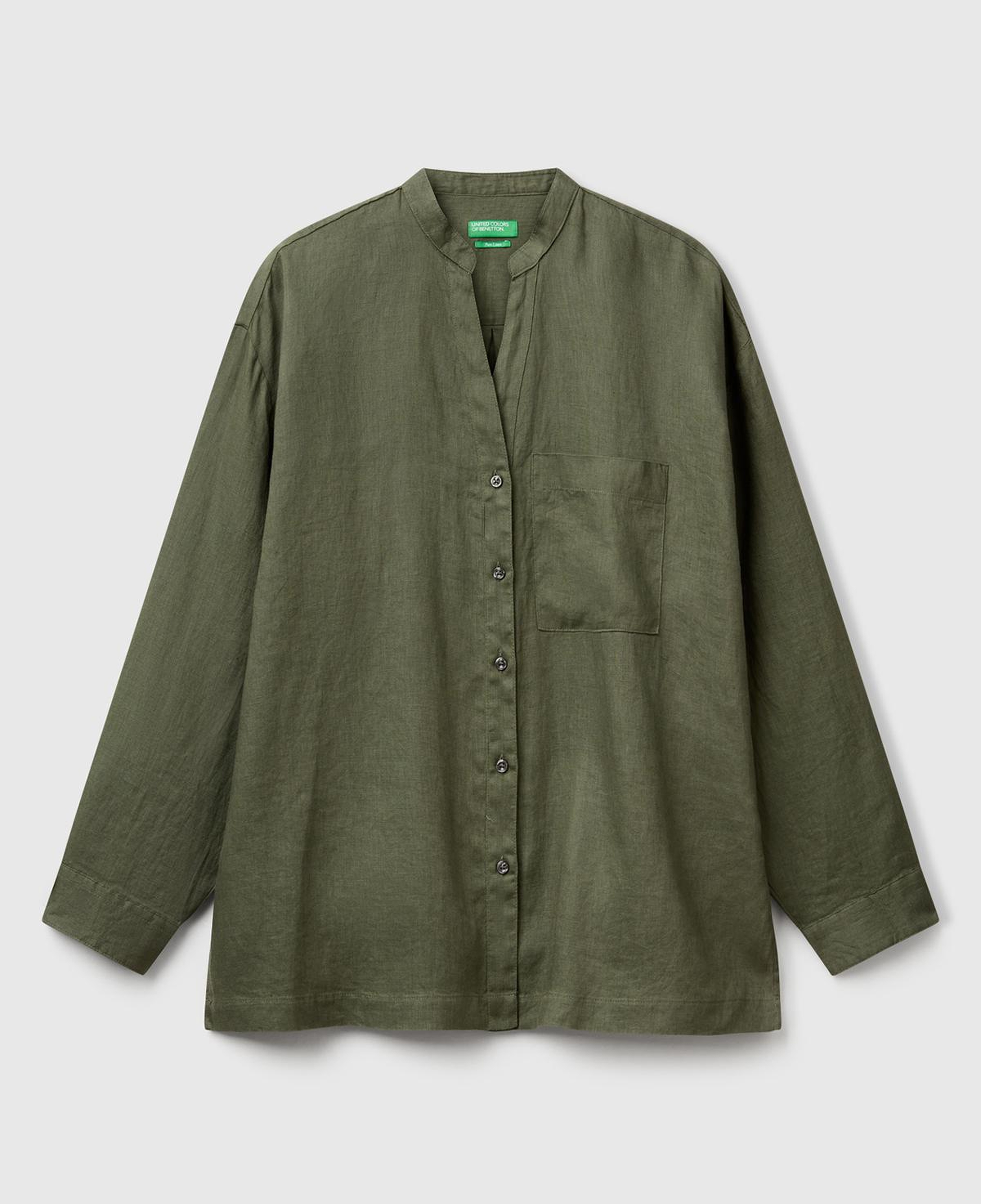 Kadın Haki %100 Keten Sol Önü Cepli Oversize Mandarin Yaka Gömlek