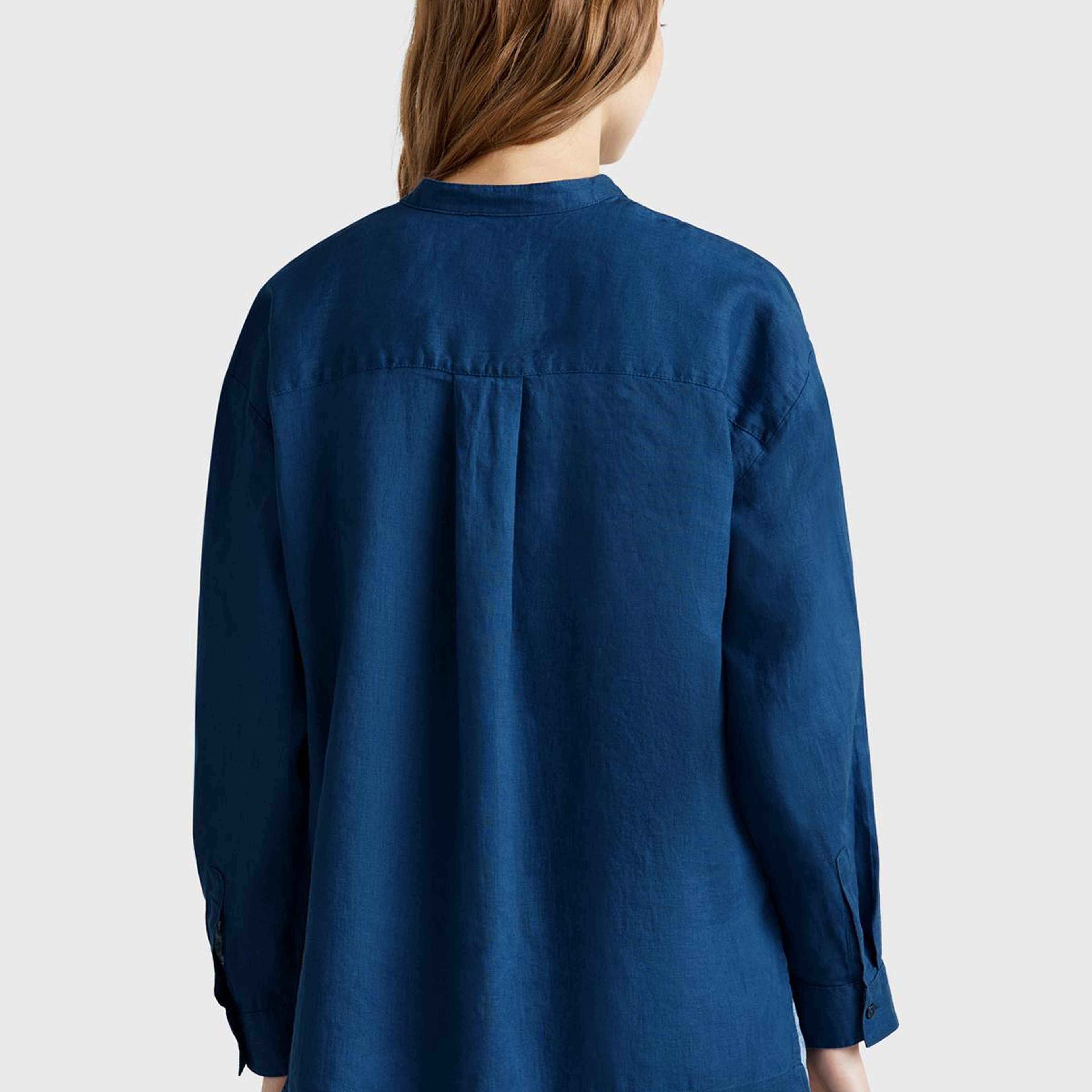 Kadın Denim %100 Keten Sol Önü Cepli Oversize Mandarin Yaka Gömlek