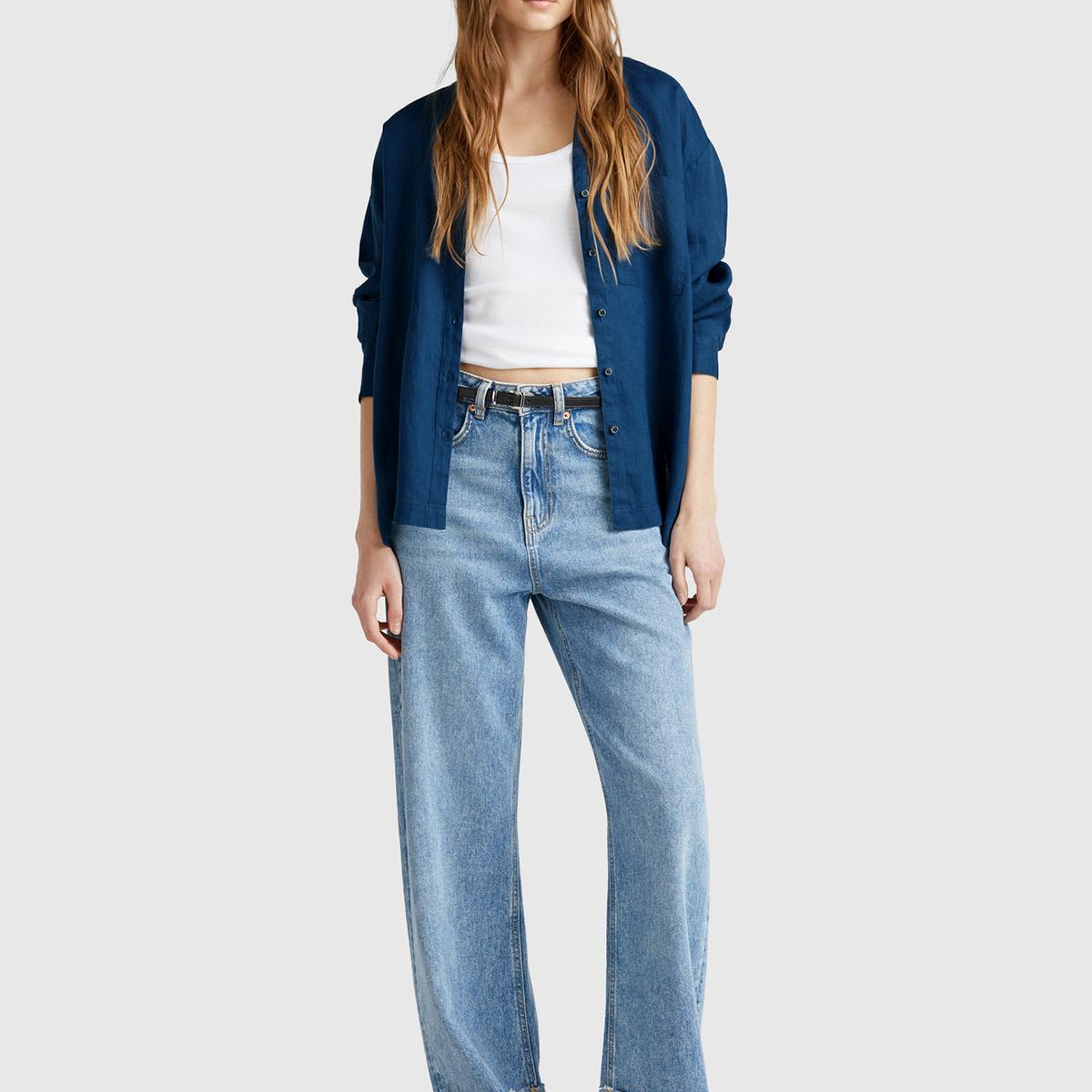 Kadın Denim %100 Keten Sol Önü Cepli Oversize Mandarin Yaka Gömlek