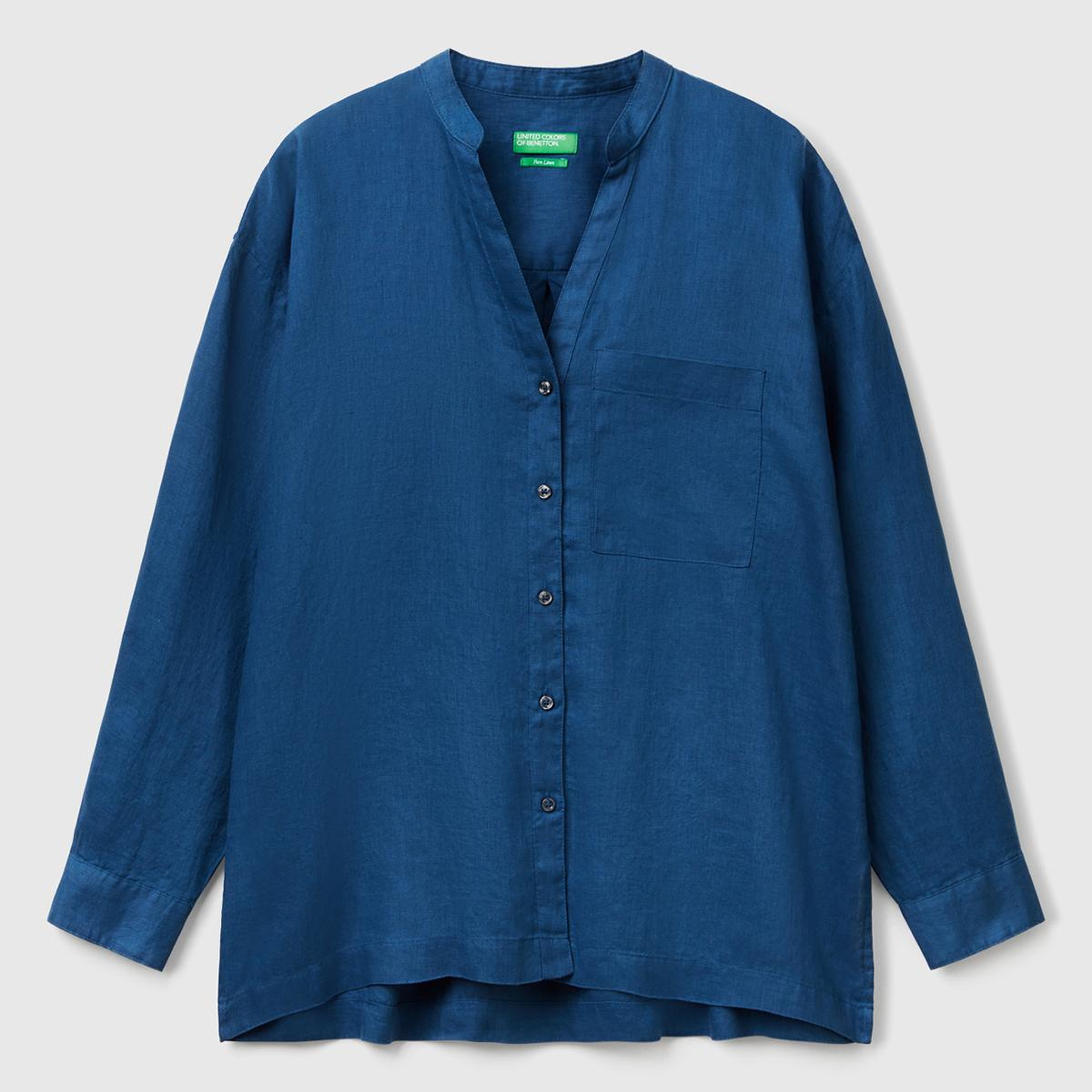 Kadın Denim %100 Keten Sol Önü Cepli Oversize Mandarin Yaka Gömlek