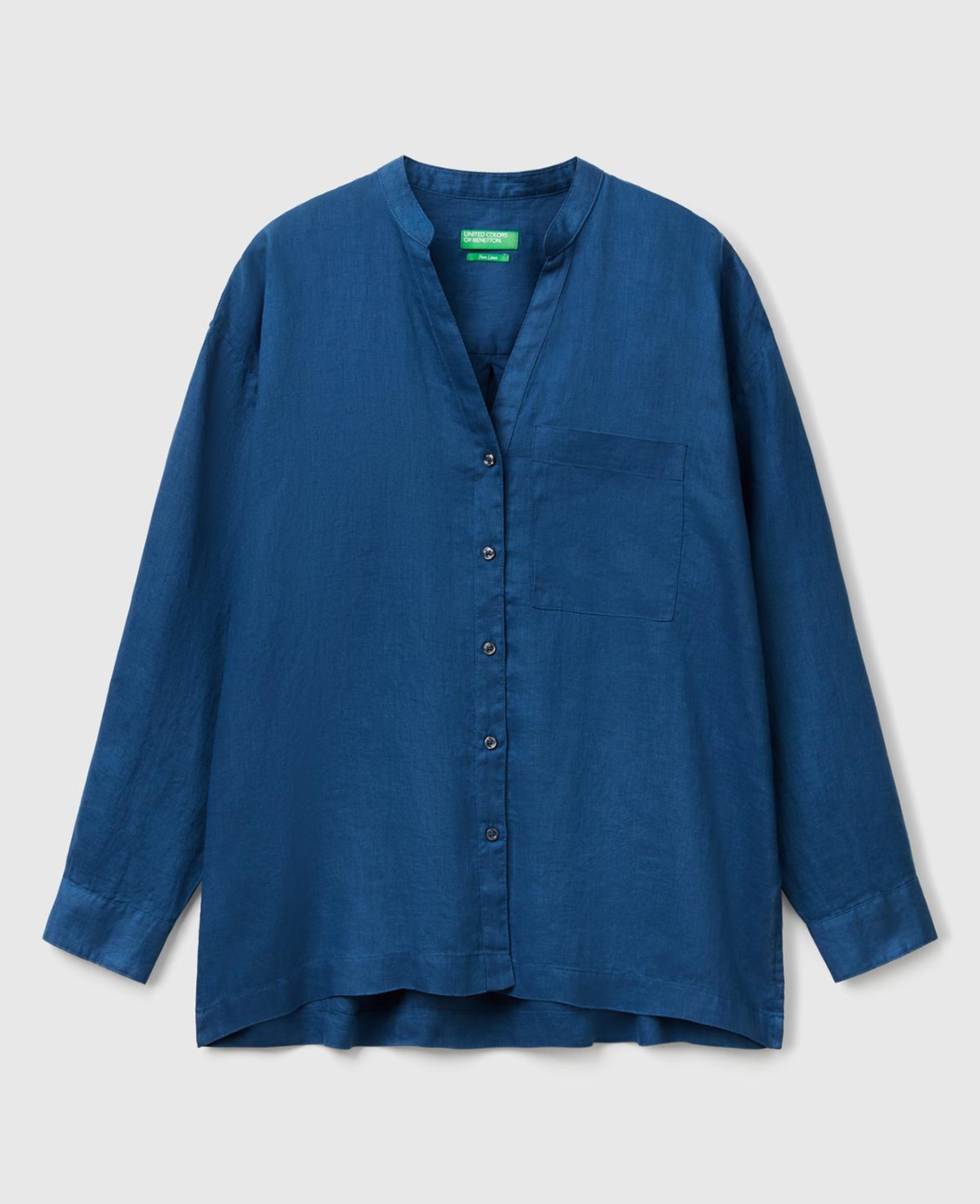 Kadın Denim %100 Keten Sol Önü Cepli Oversize Mandarin Yaka Gömlek