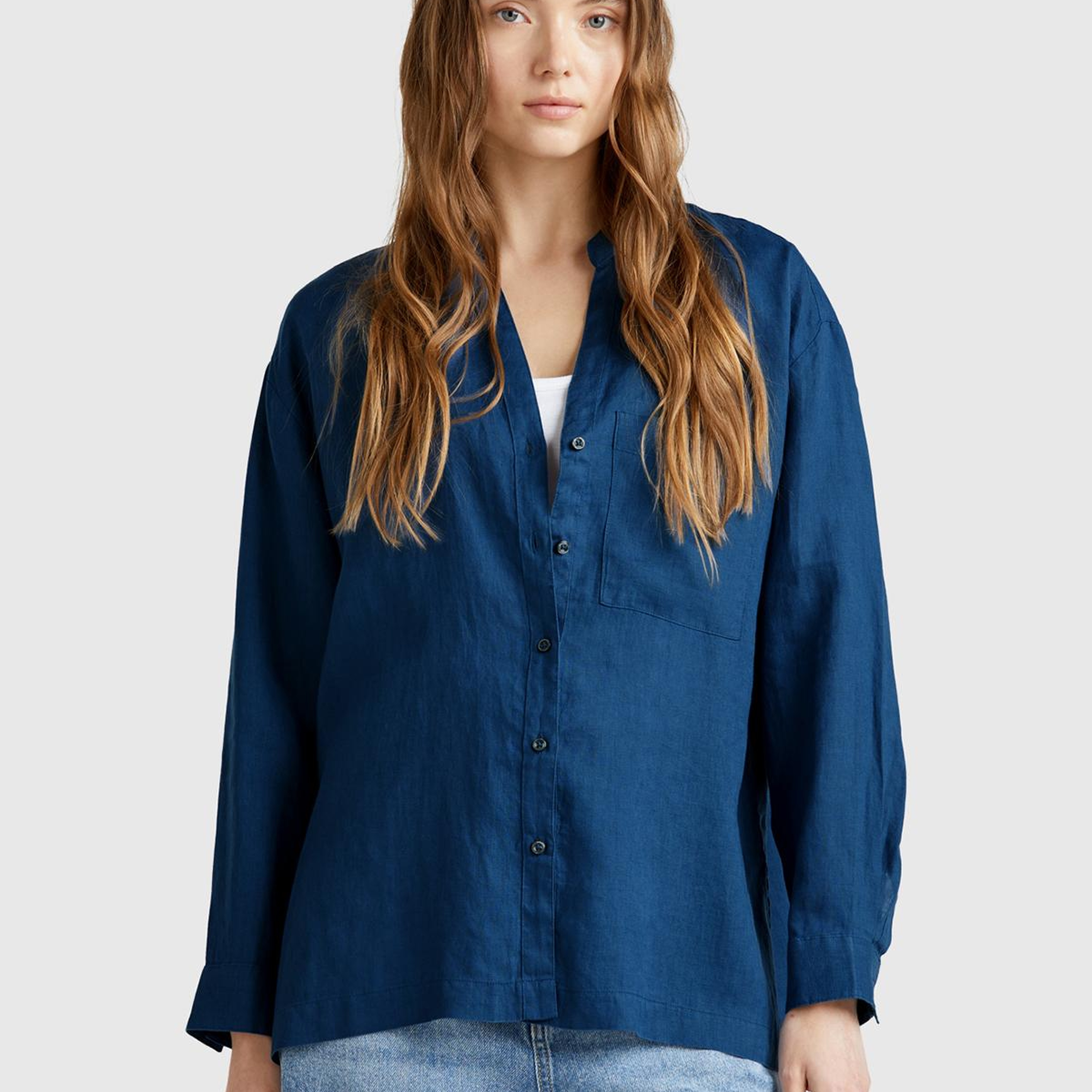 Kadın Denim %100 Keten Sol Önü Cepli Oversize Mandarin Yaka Gömlek