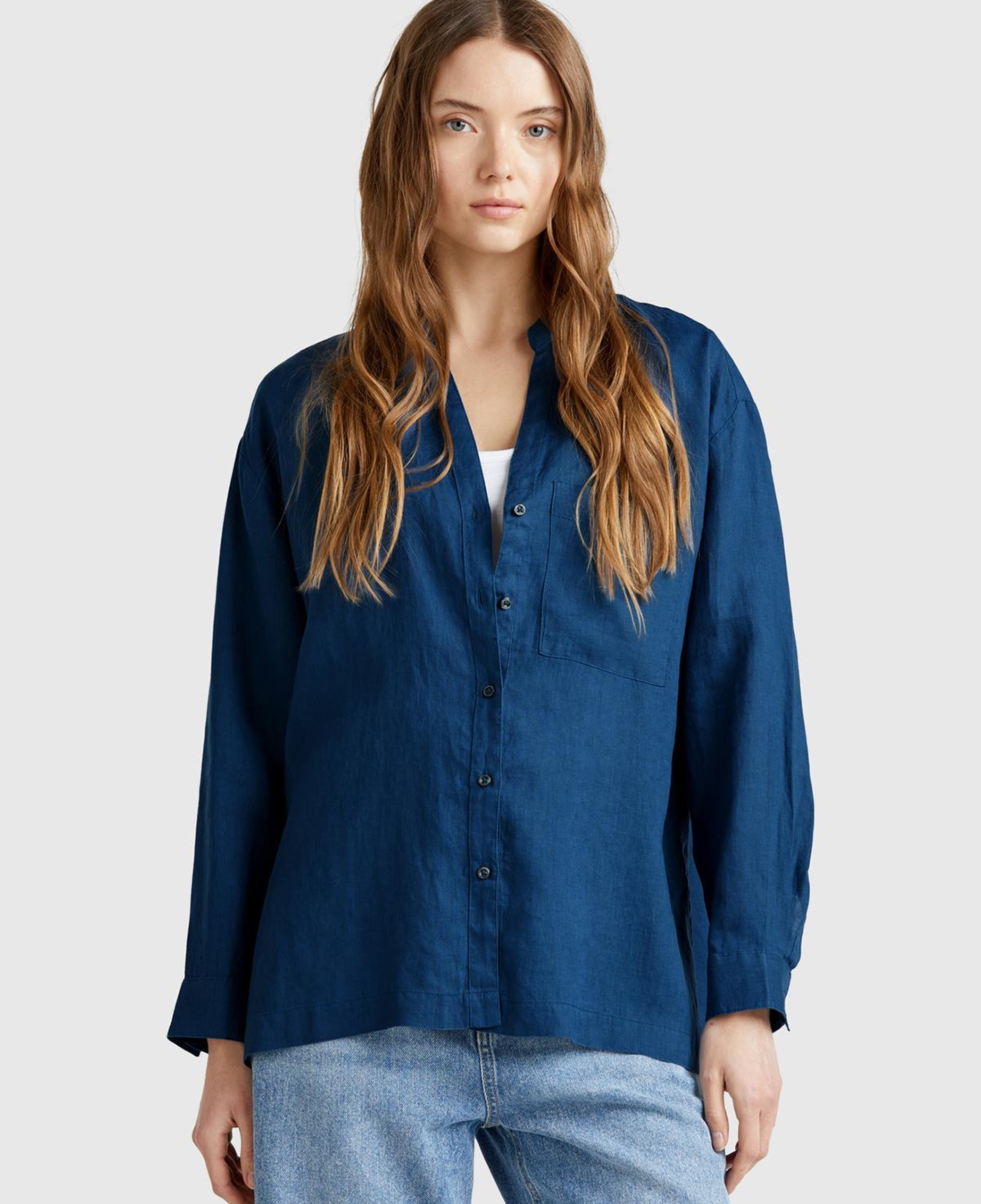 Kadın Denim %100 Keten Sol Önü Cepli Oversize Mandarin Yaka Gömlek