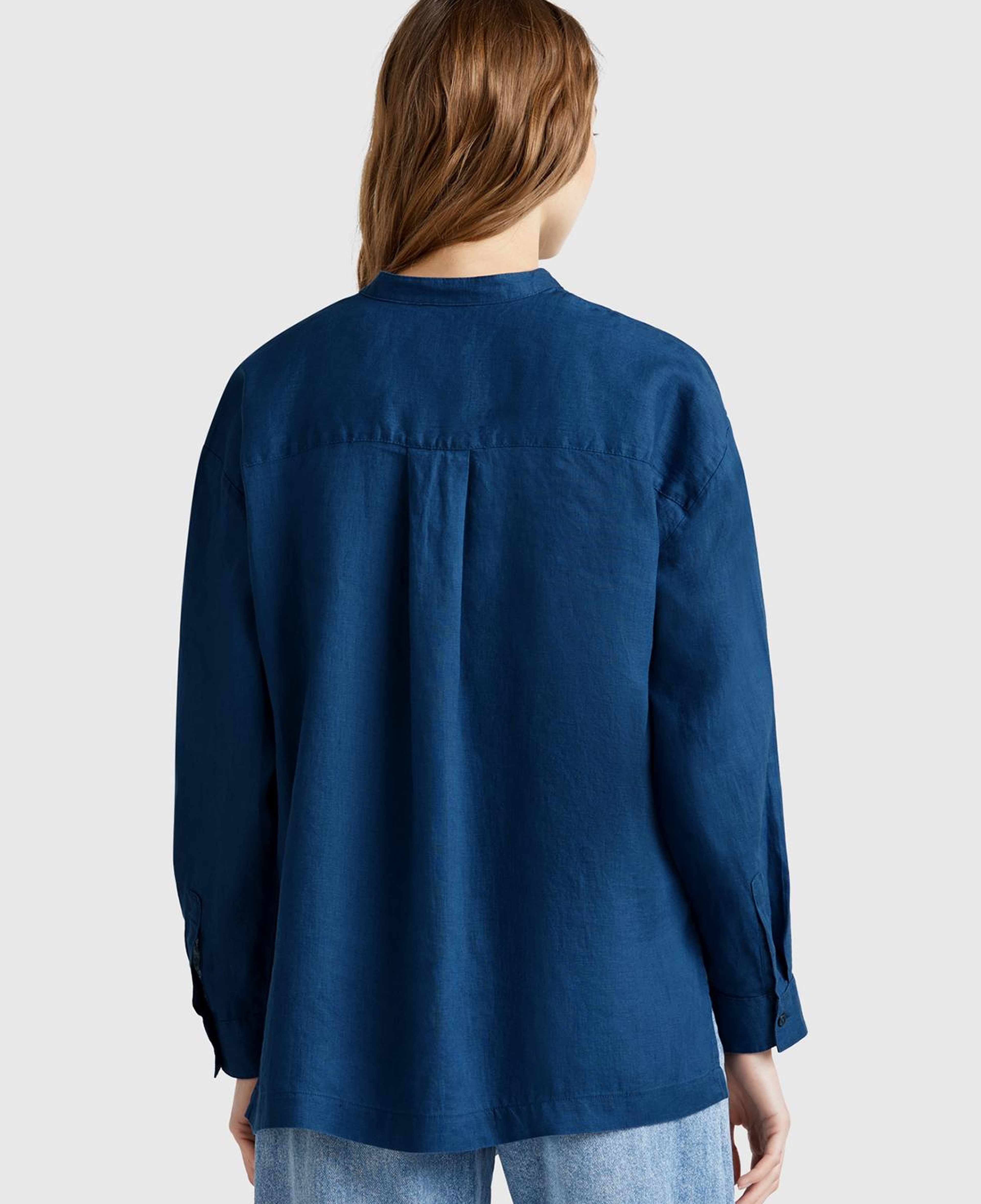 Kadın Denim %100 Keten Sol Önü Cepli Oversize Mandarin Yaka Gömlek