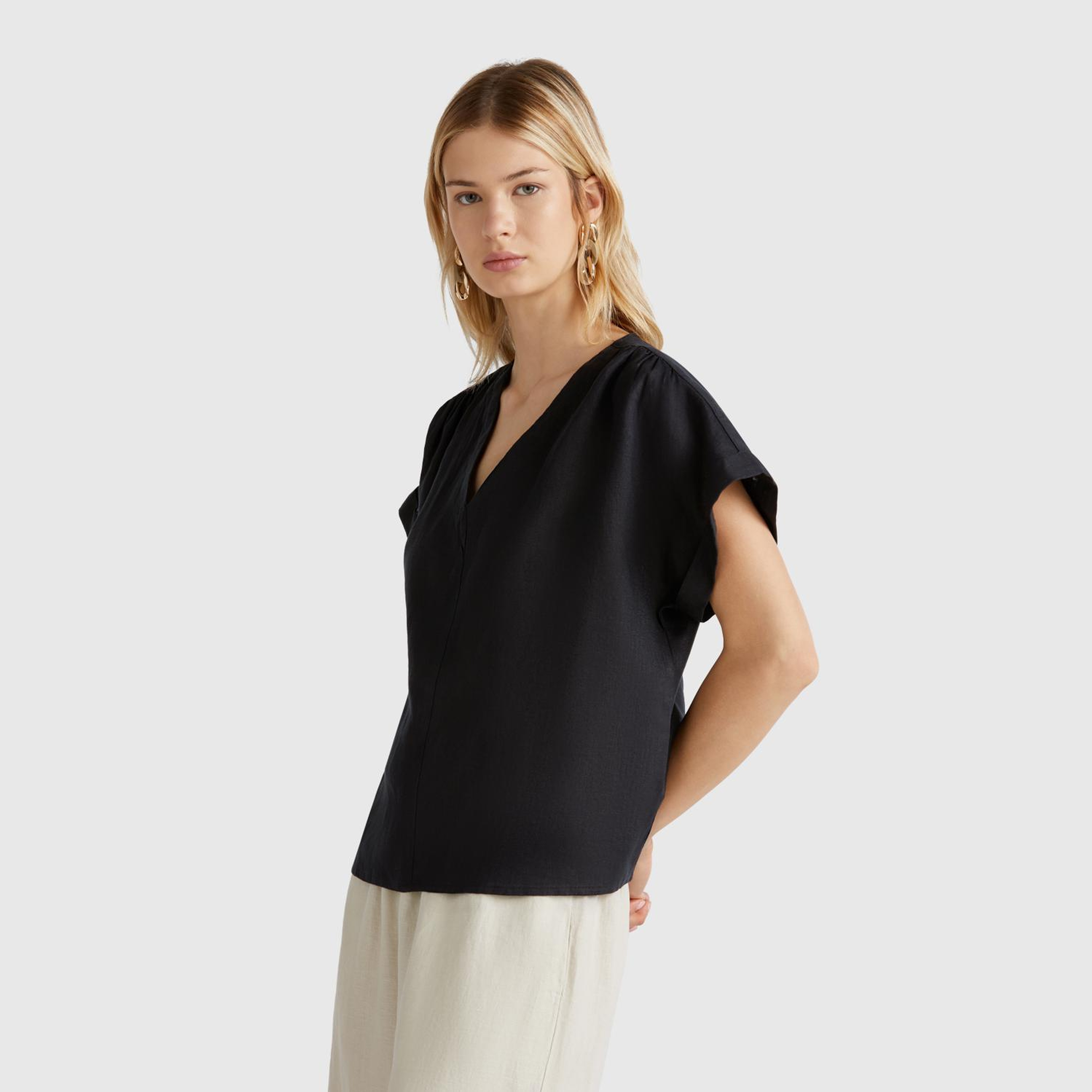 Kadın Siyah %100 Keten Kimono Kol V Yaka Bluz