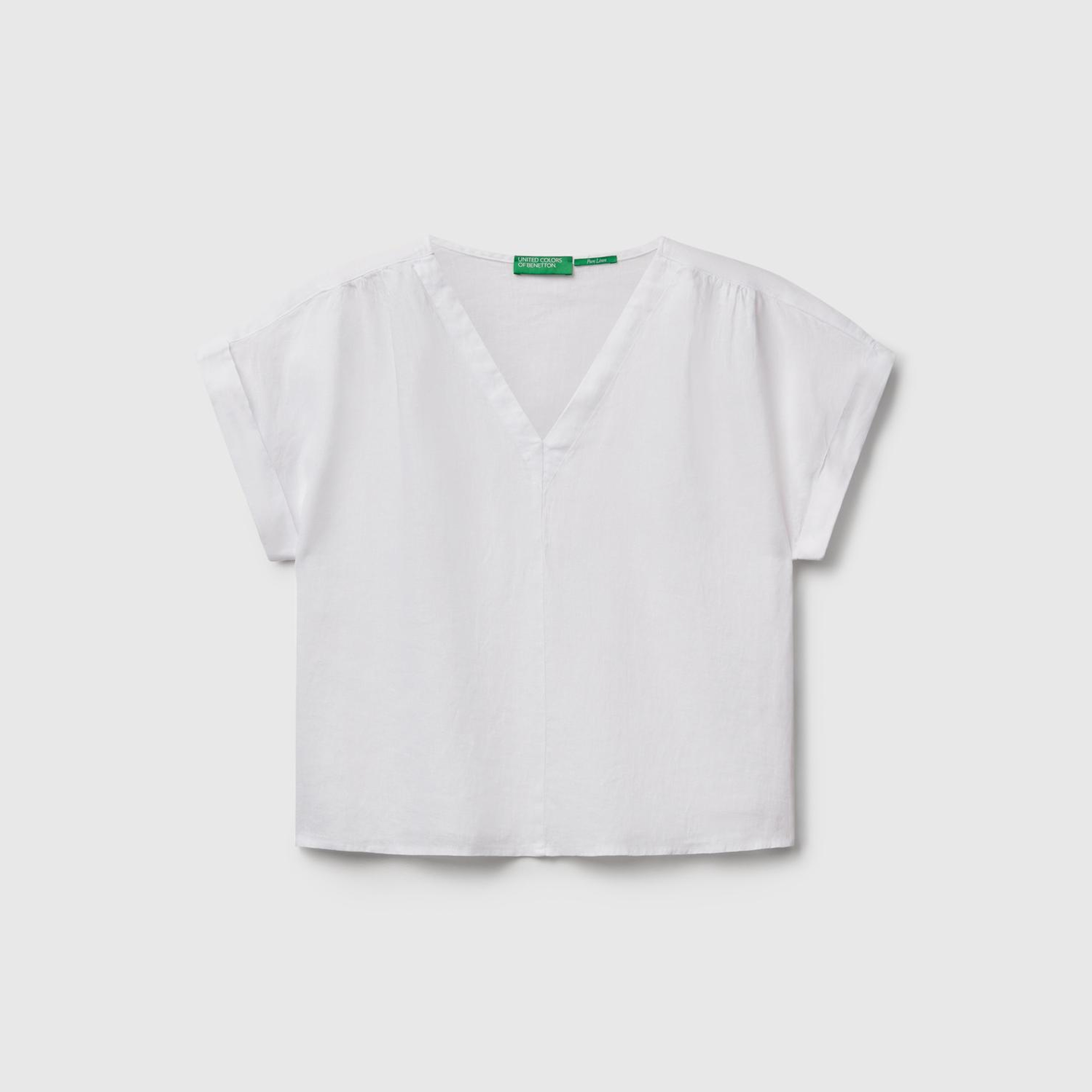 Kadın Beyaz %100 Keten Kimono Kol V Yaka Bluz