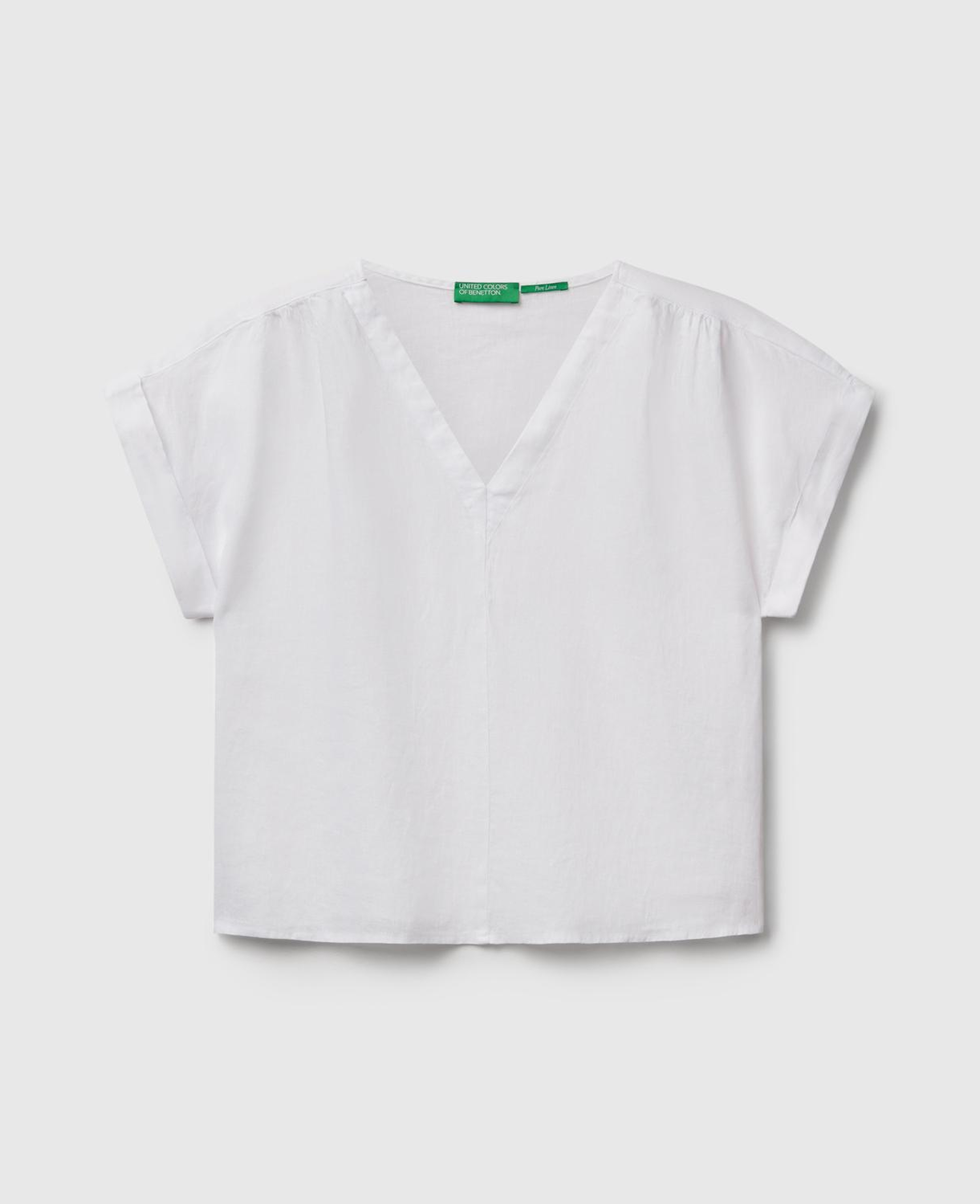 Kadın Beyaz %100 Keten Kimono Kol V Yaka Bluz