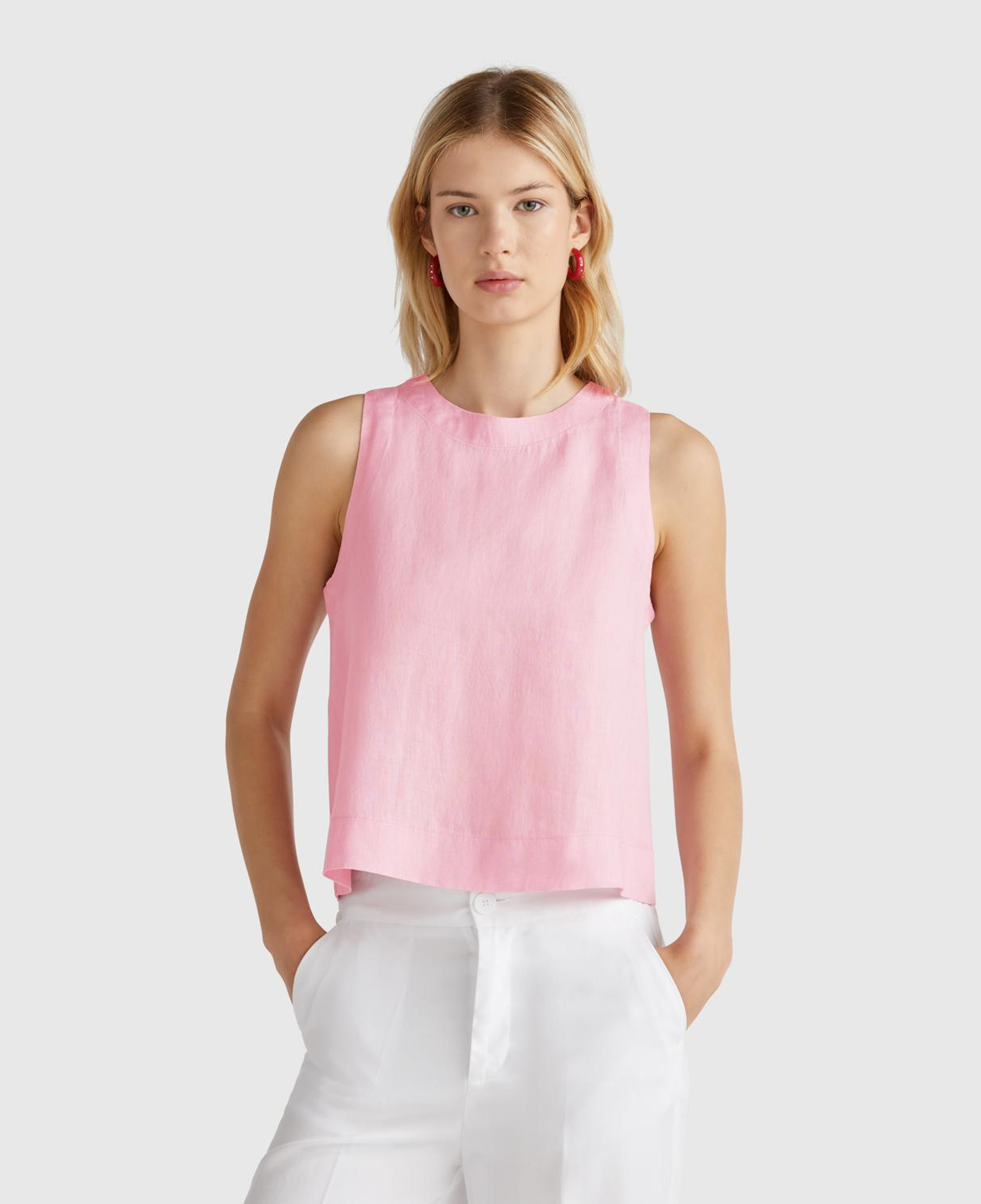 Kadın Pembe %100 Keten Kolsuz Bluz