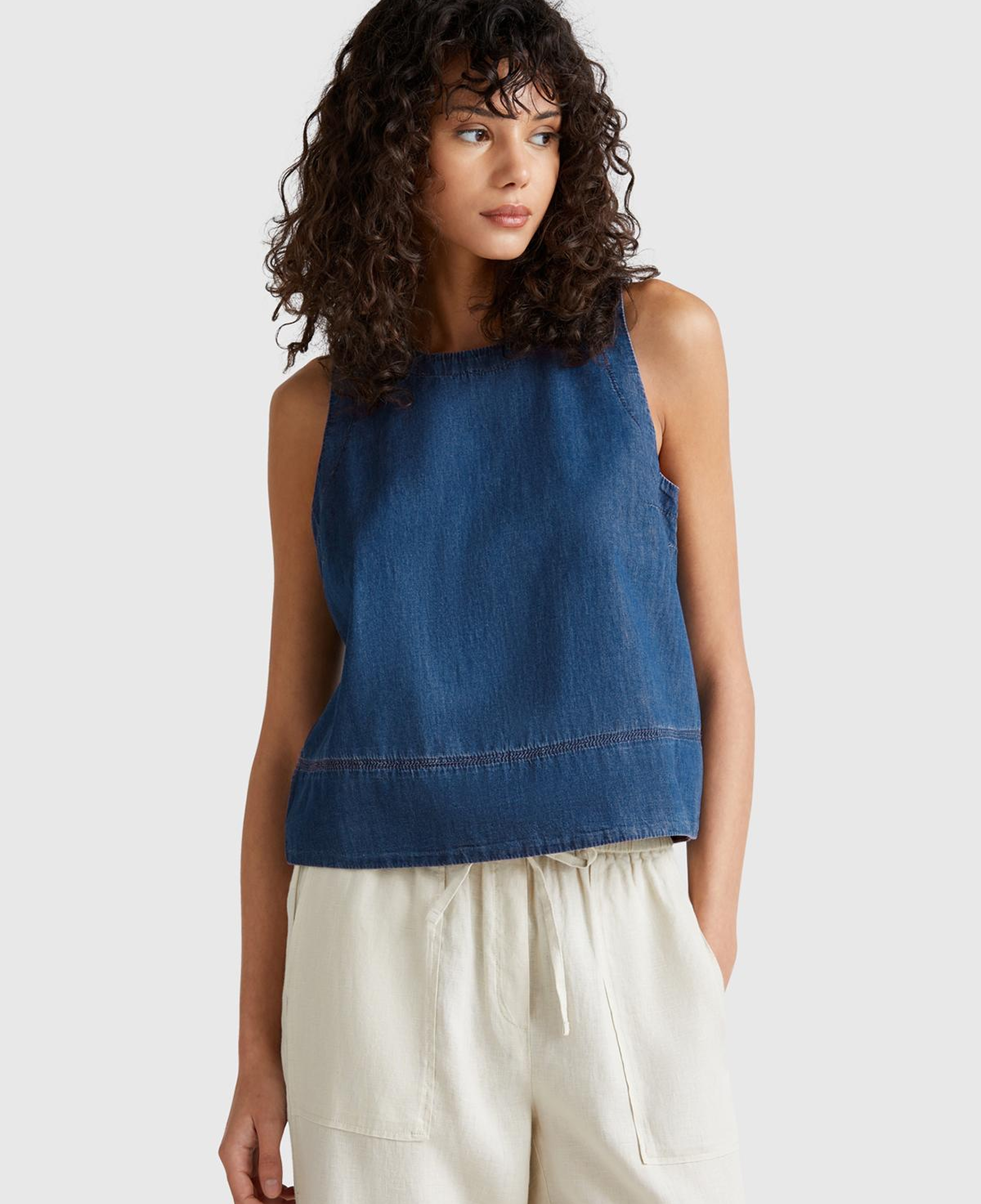 Kadın Koyu Mavi %100 Koton Kolsuz Şamre Bluz