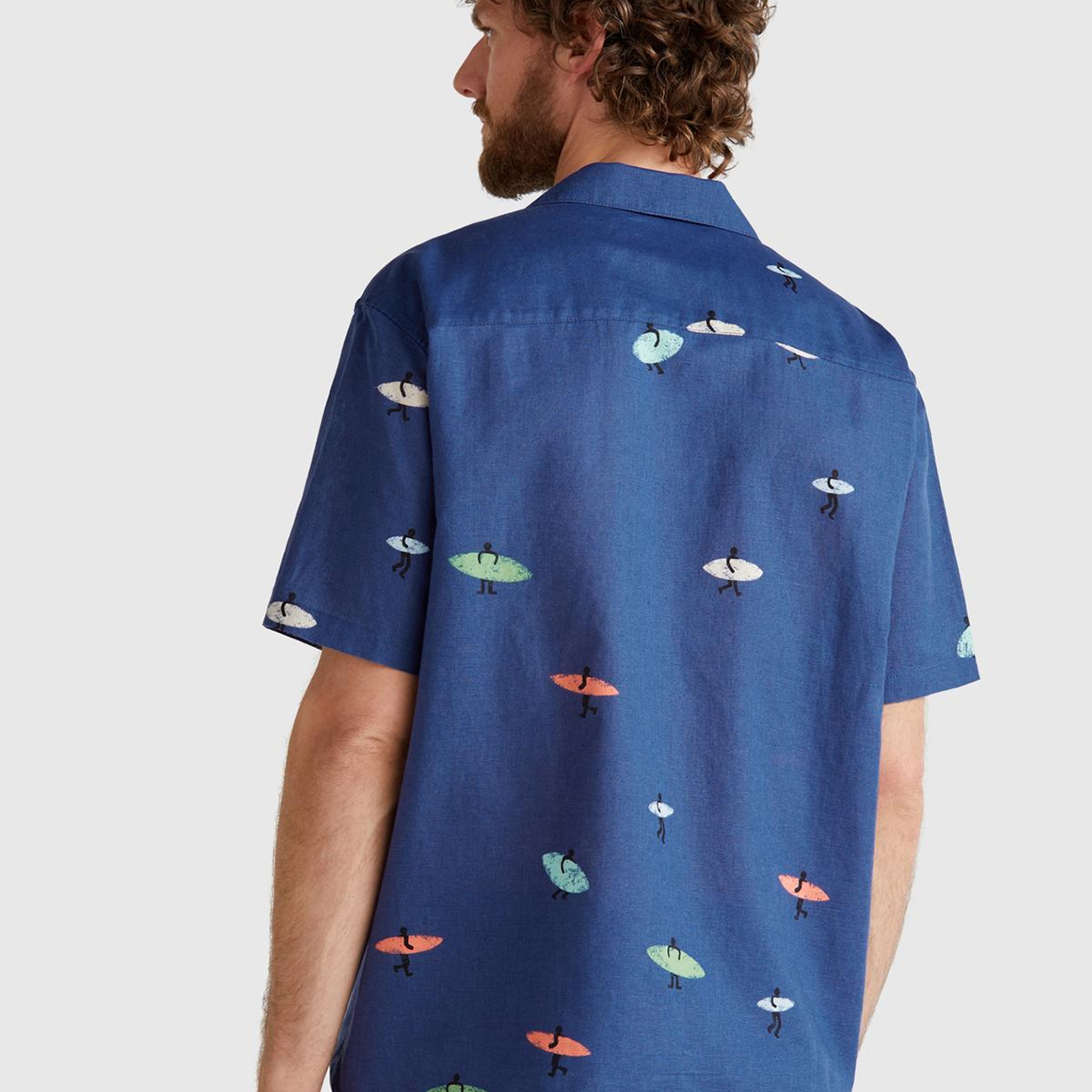 Erkek Lacivert Pamuk Keten Karışımlı Desenli Bowling Yaka Kısa Kollu Gömlek