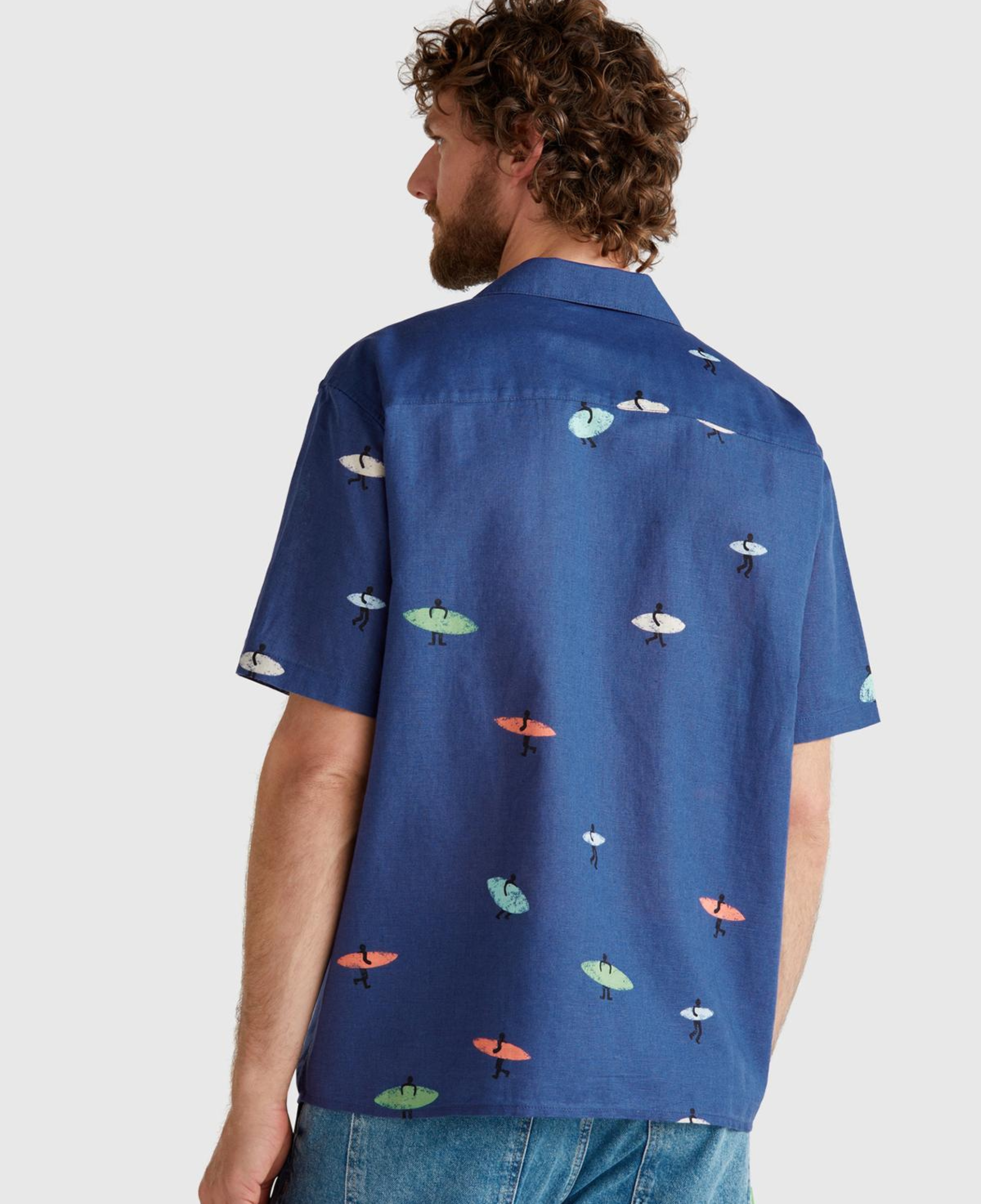 Erkek Lacivert Pamuk Keten Karışımlı Desenli Bowling Yaka Kısa Kollu Gömlek