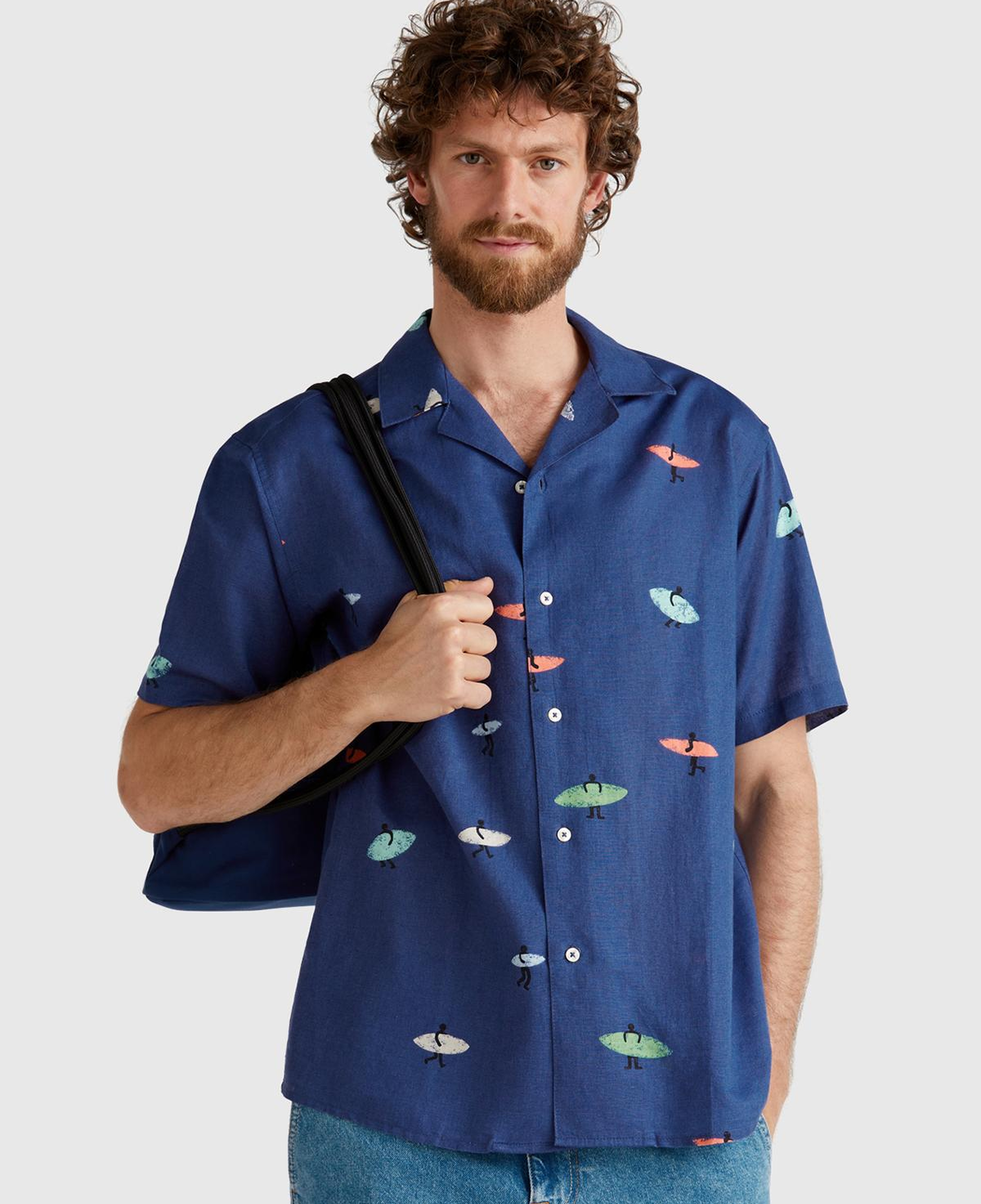 Erkek Lacivert Pamuk Keten Karışımlı Desenli Bowling Yaka Kısa Kollu Gömlek