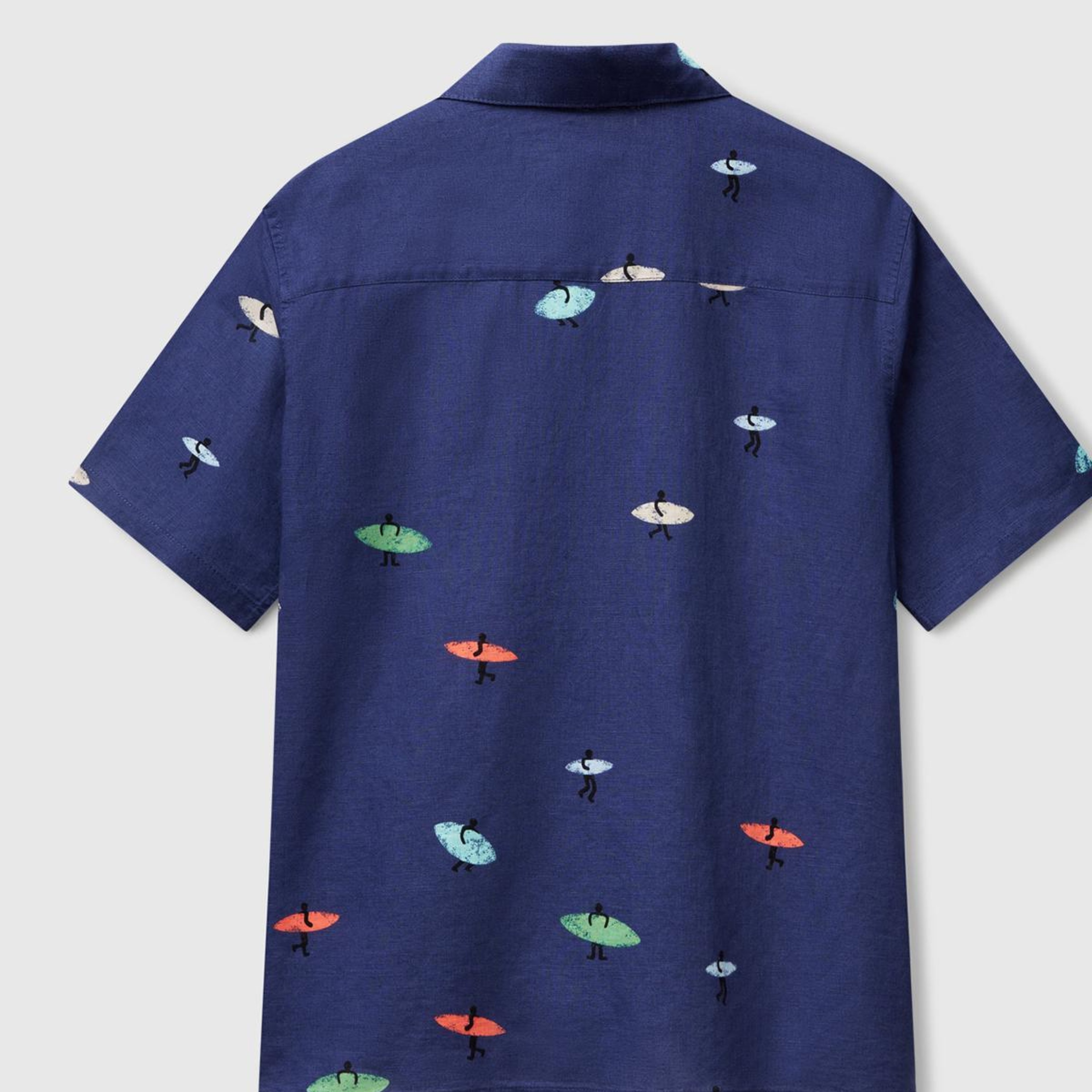 Erkek Lacivert Pamuk Keten Karışımlı Desenli Bowling Yaka Kısa Kollu Gömlek