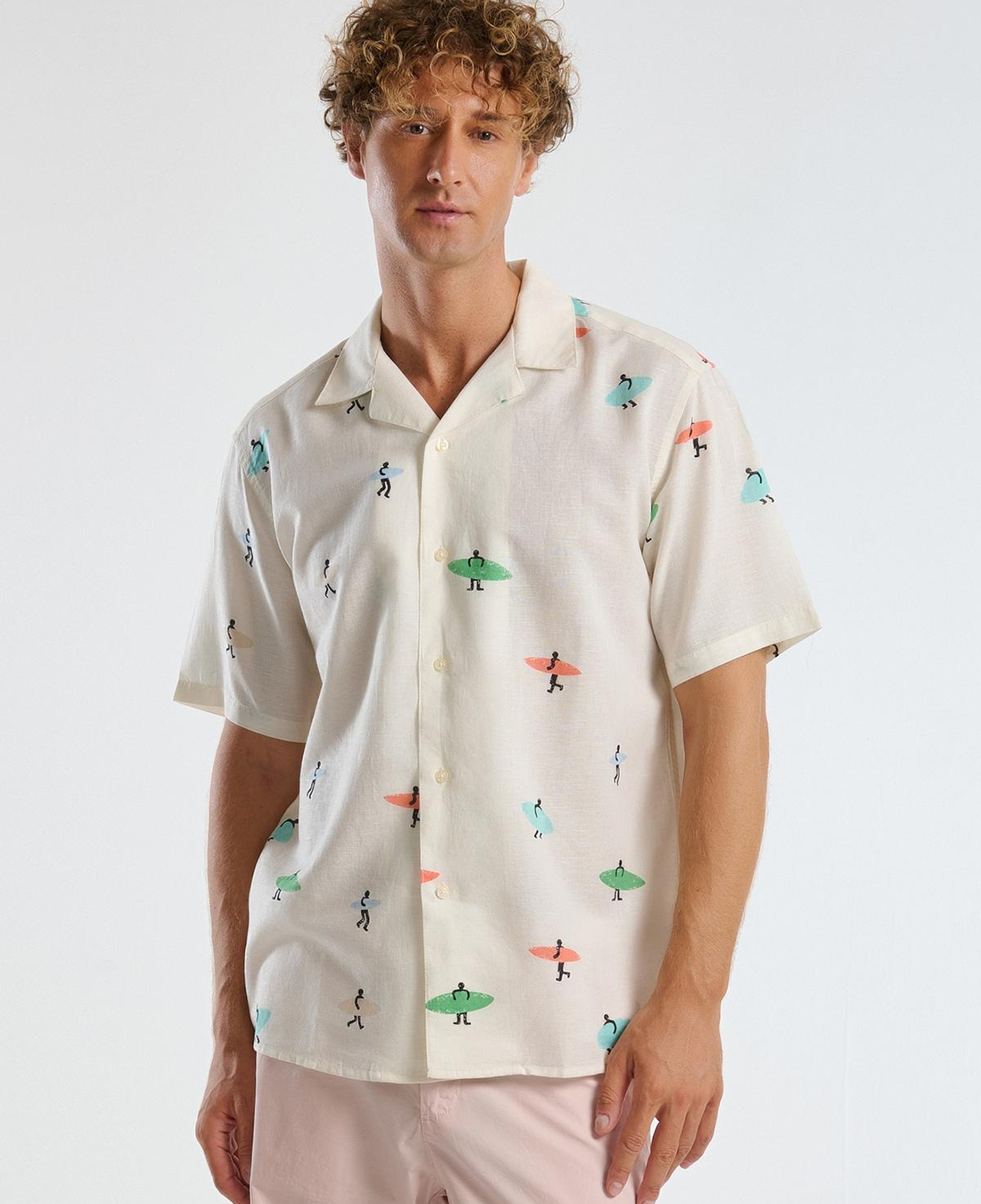 Erkek Beyaz Pamuk Keten Karışımlı Desenli Bowling Yaka Kısa Kollu Gömlek