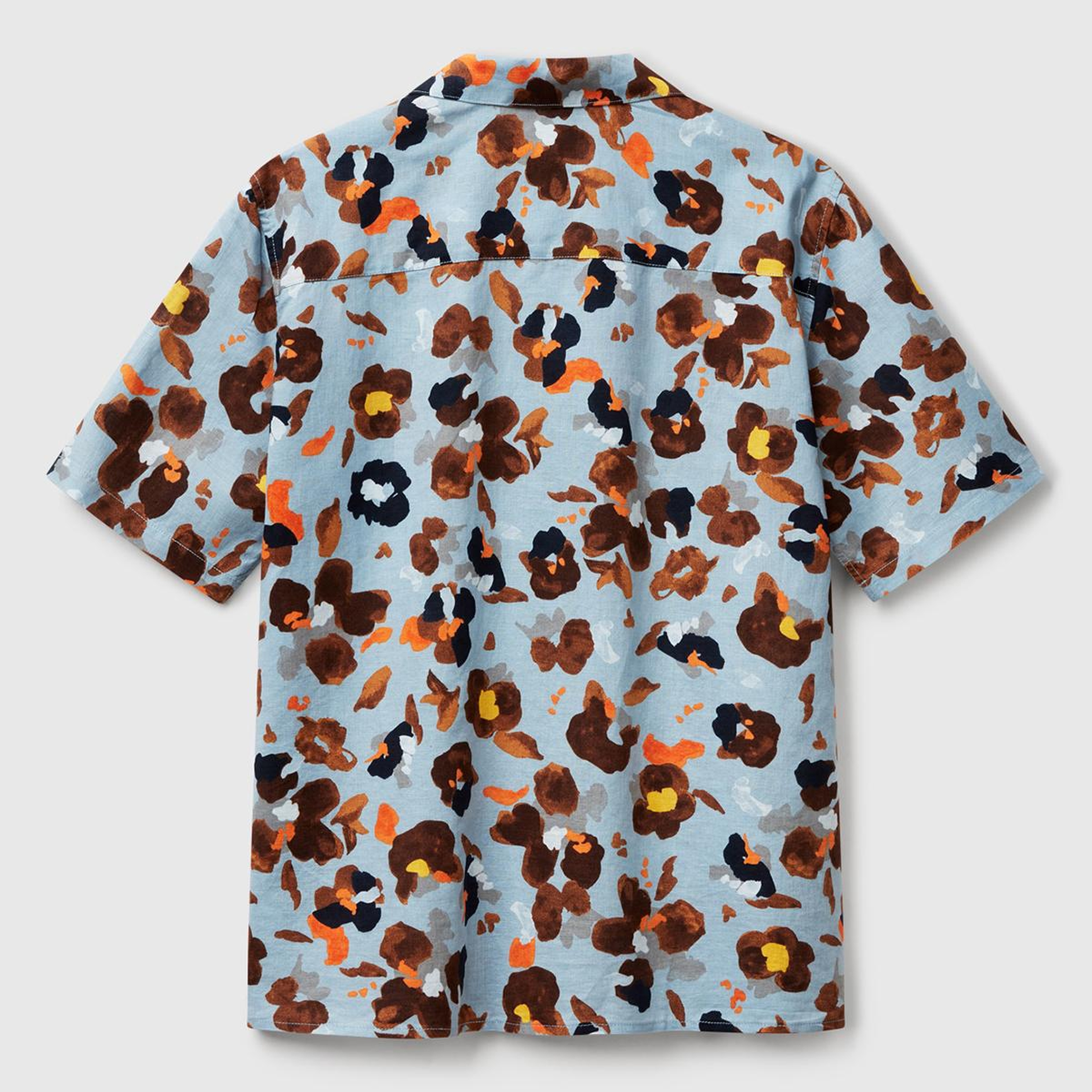 Erkek Açık Mavi Pamuk Keten Karışımlı Desenli Bowling Yaka Kısa Kollu Gömlek