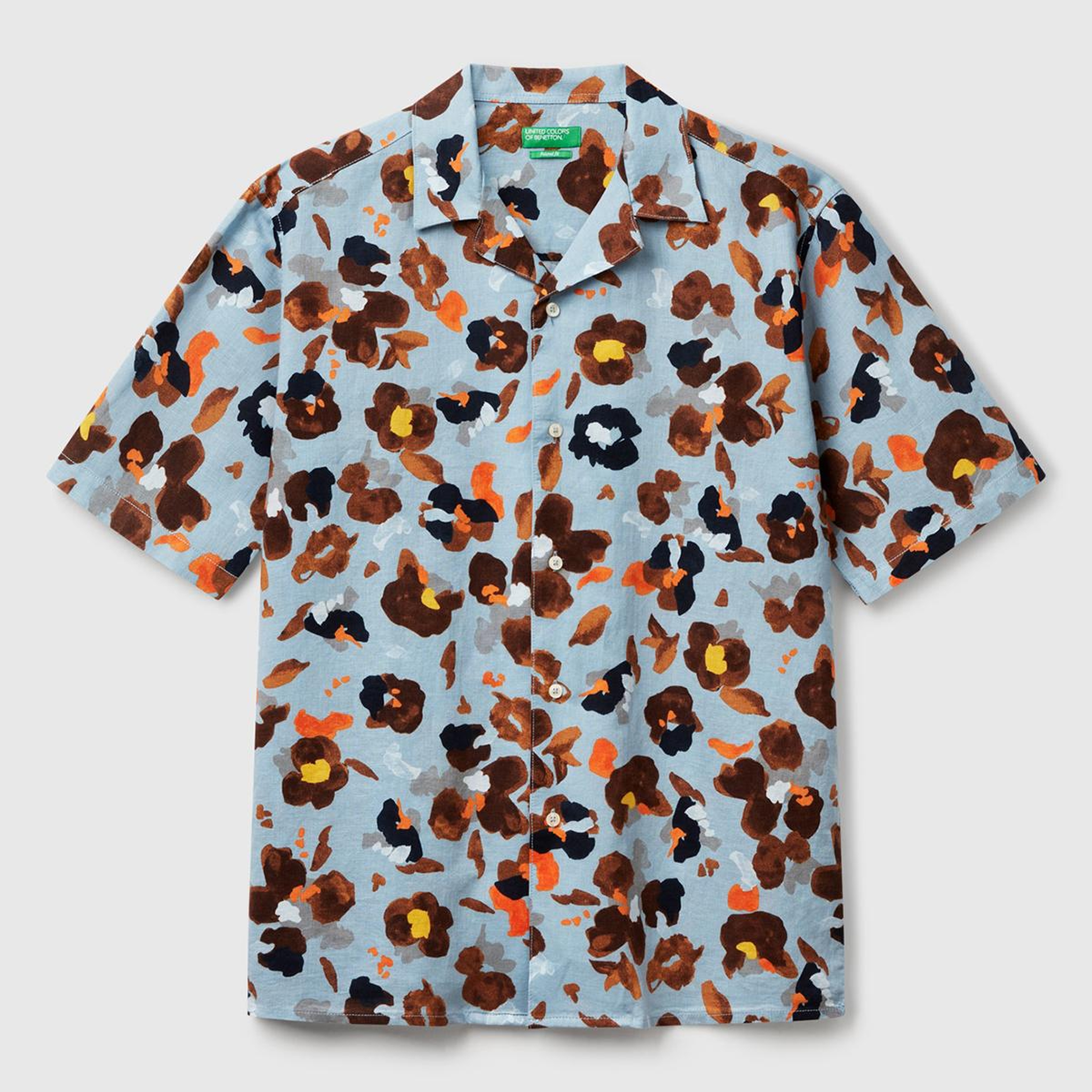 Erkek Açık Mavi Pamuk Keten Karışımlı Desenli Bowling Yaka Kısa Kollu Gömlek