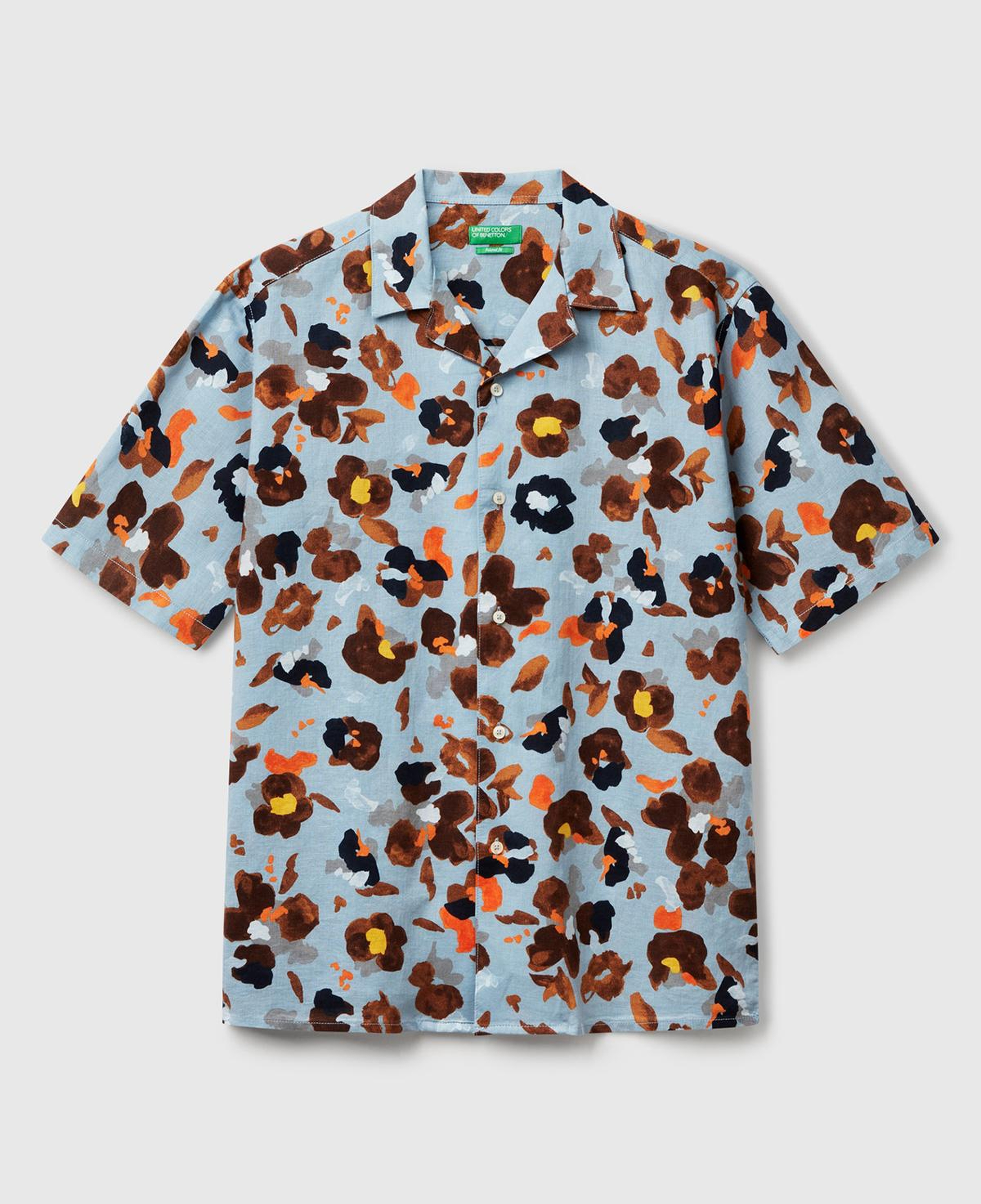 Erkek Açık Mavi Pamuk Keten Karışımlı Desenli Bowling Yaka Kısa Kollu Gömlek