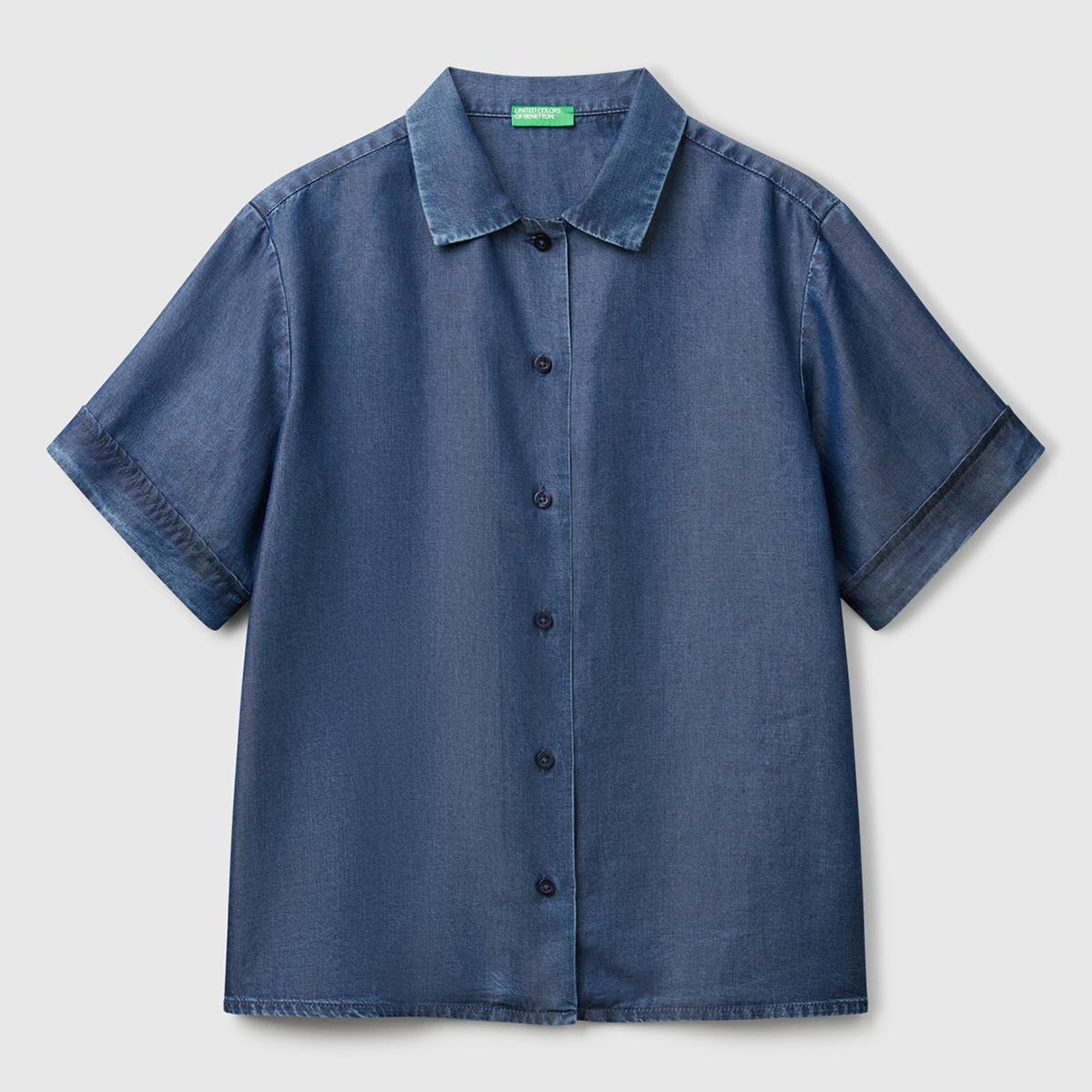 Kadın Koyu Mavi %100 Liyosel Kısa Kollu Denim Gömlek