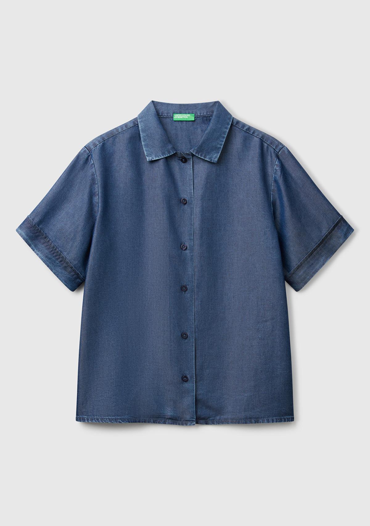 Kadın Koyu Mavi %100 Liyosel Kısa Kollu Denim Gömlek