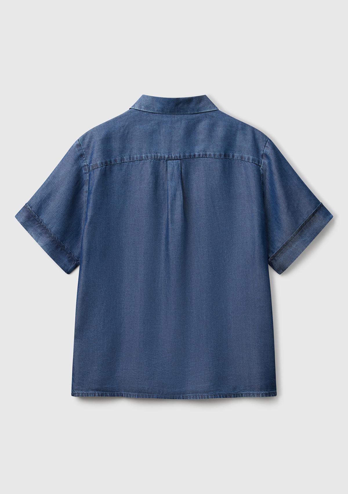 Kadın Koyu Mavi %100 Liyosel Kısa Kollu Denim Gömlek