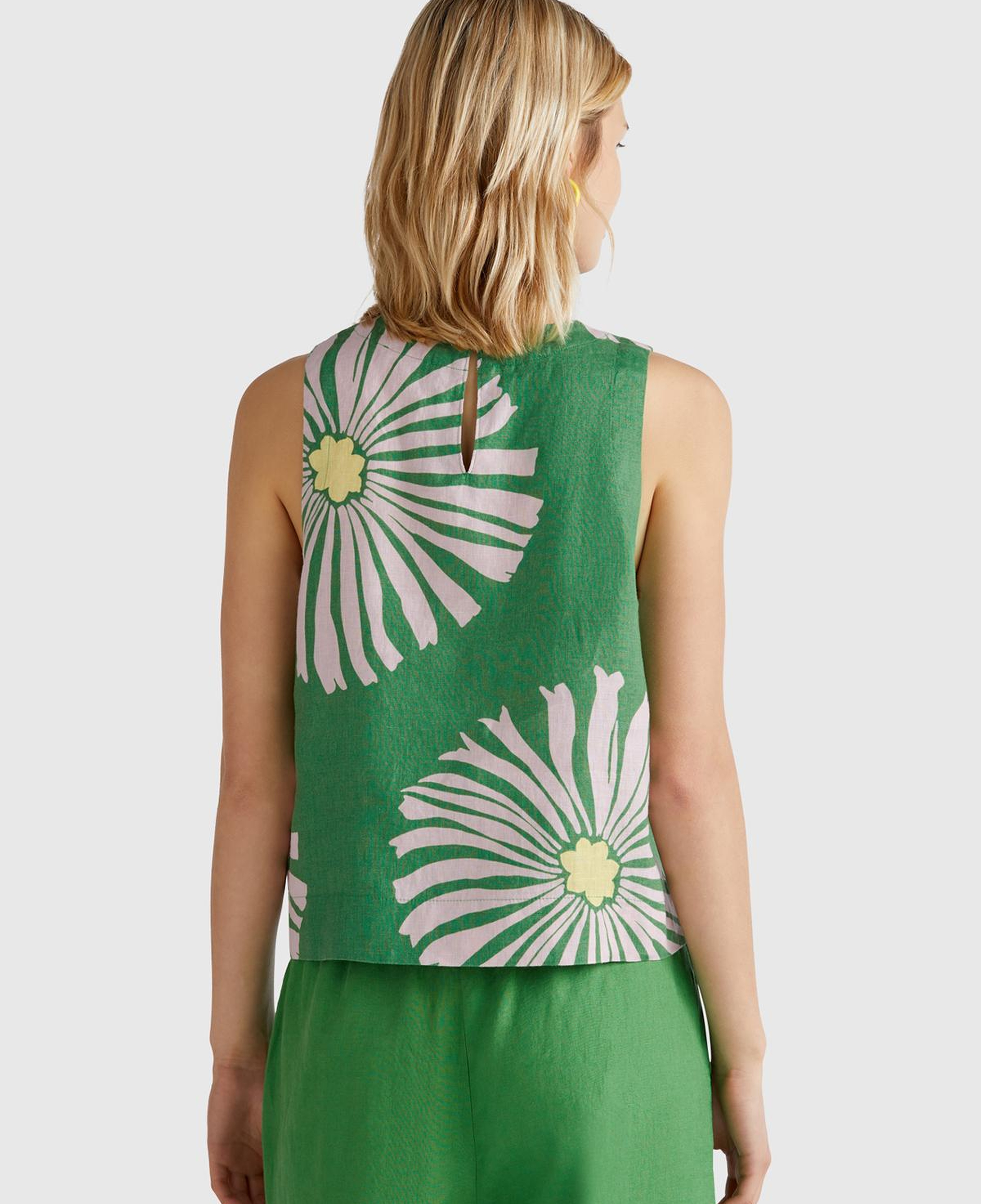 Kadın Yeşil %100 Keten Desenli Kolsuz Bluz