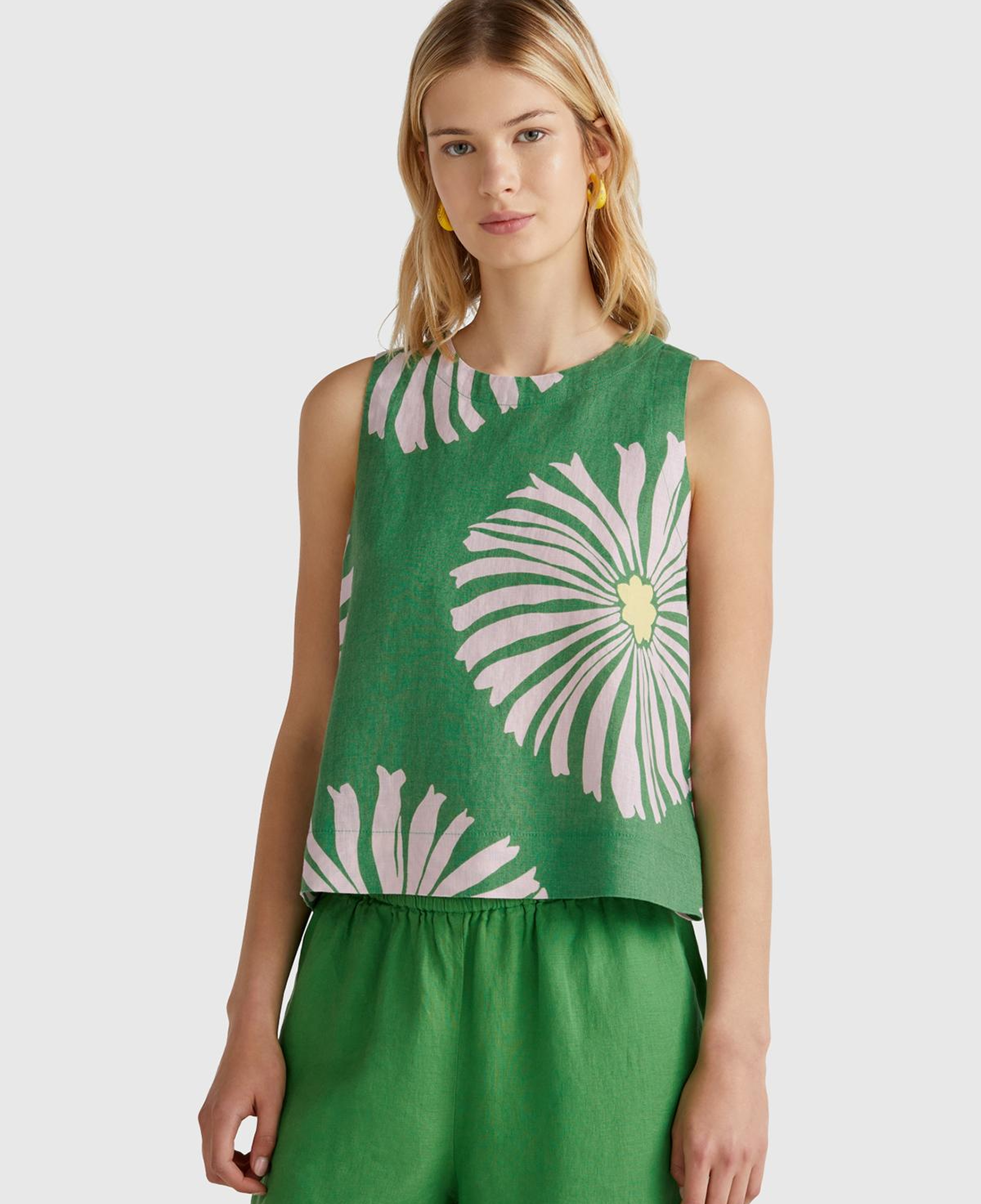 Kadın Yeşil %100 Keten Desenli Kolsuz Bluz