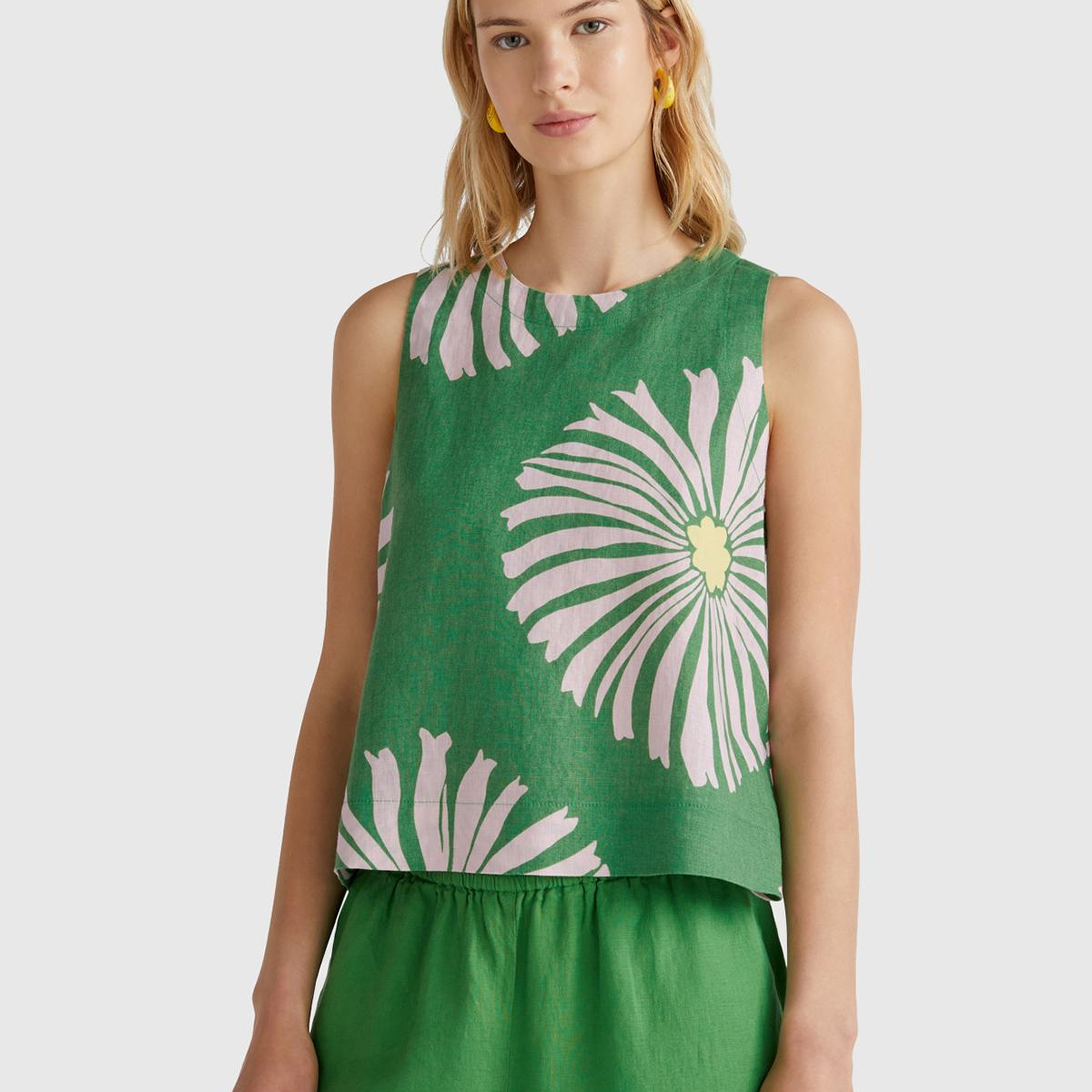 Kadın Yeşil %100 Keten Desenli Kolsuz Bluz