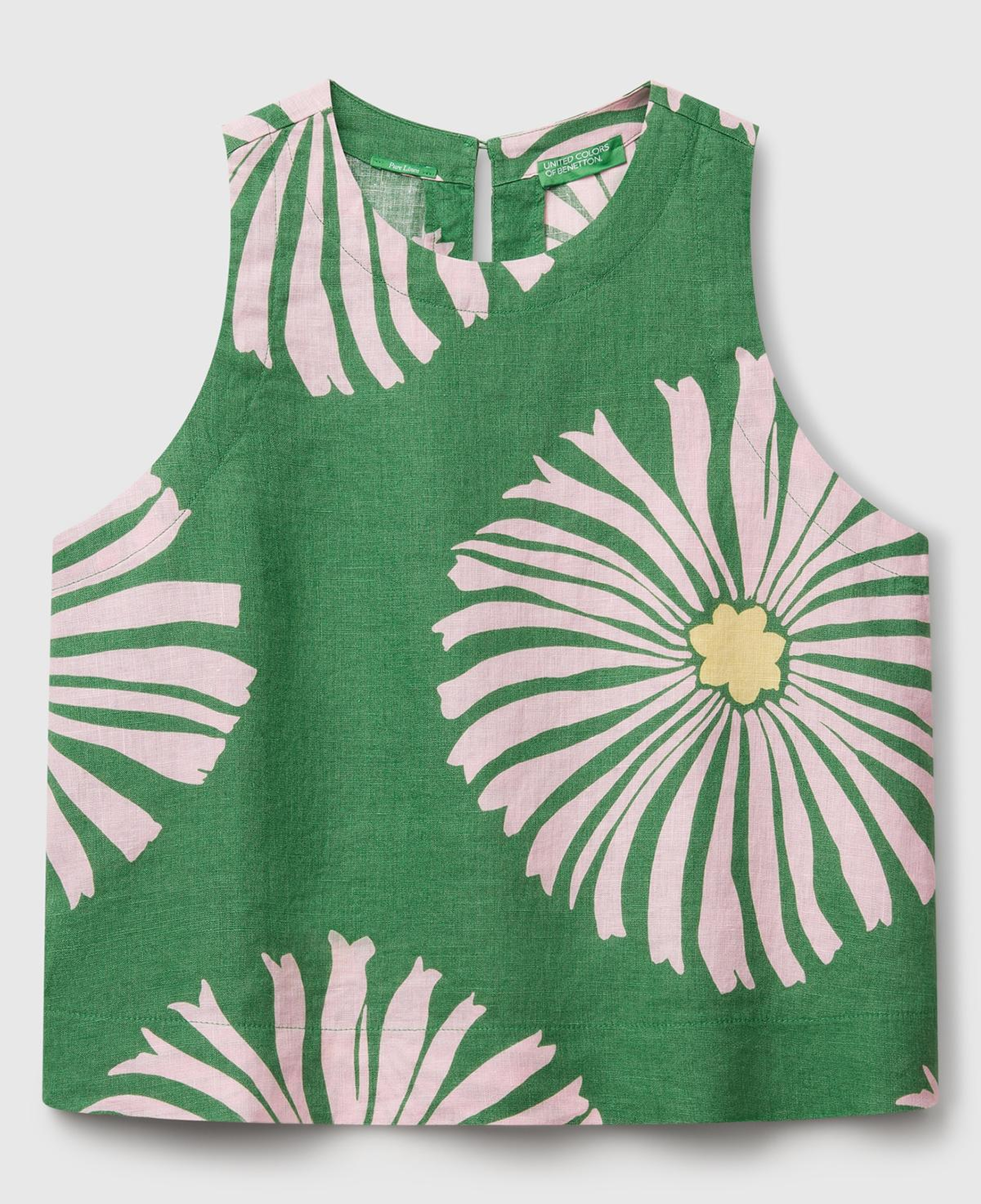 Kadın Yeşil %100 Keten Desenli Kolsuz Bluz