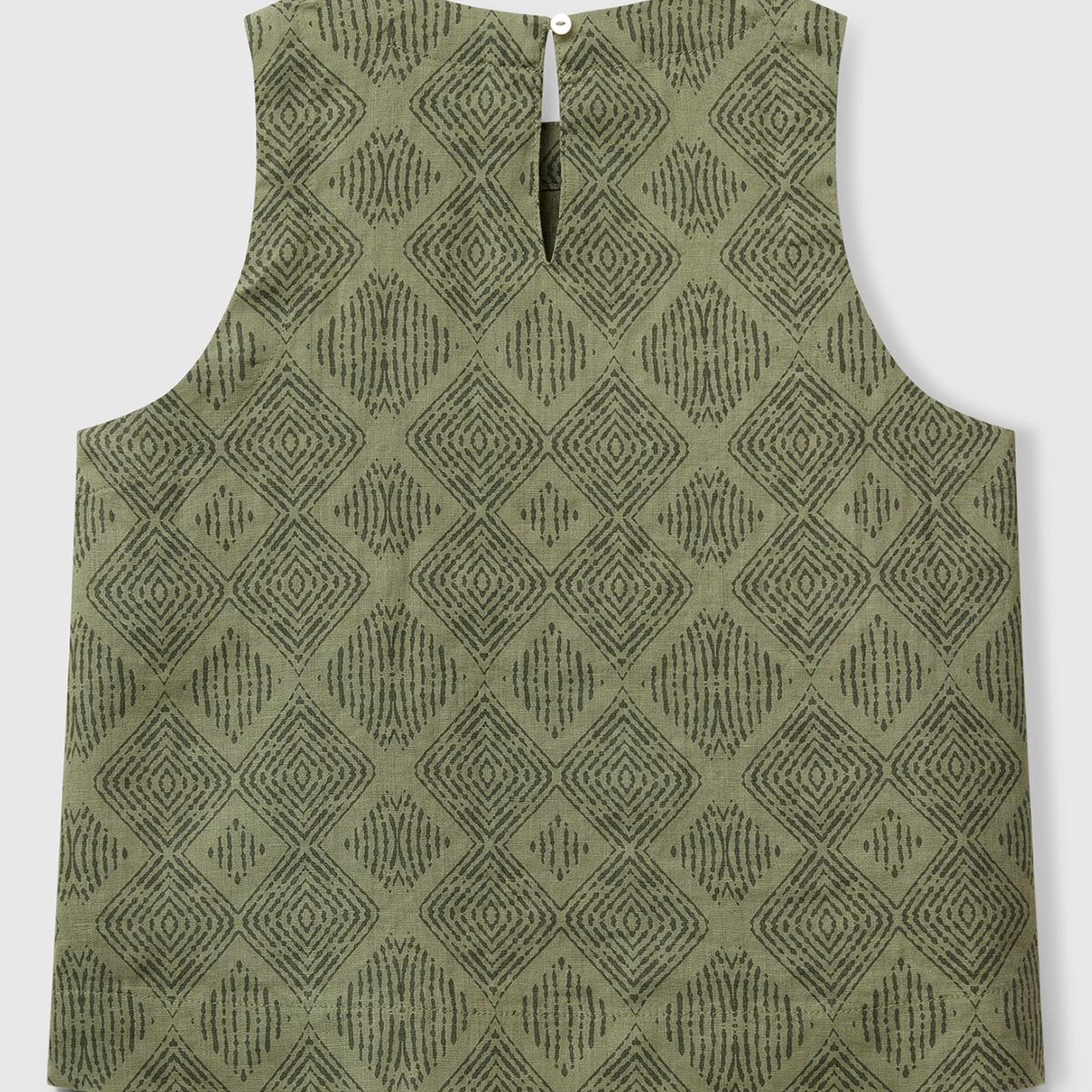 Kadın Haki %100 Keten Desenli Kolsuz Bluz